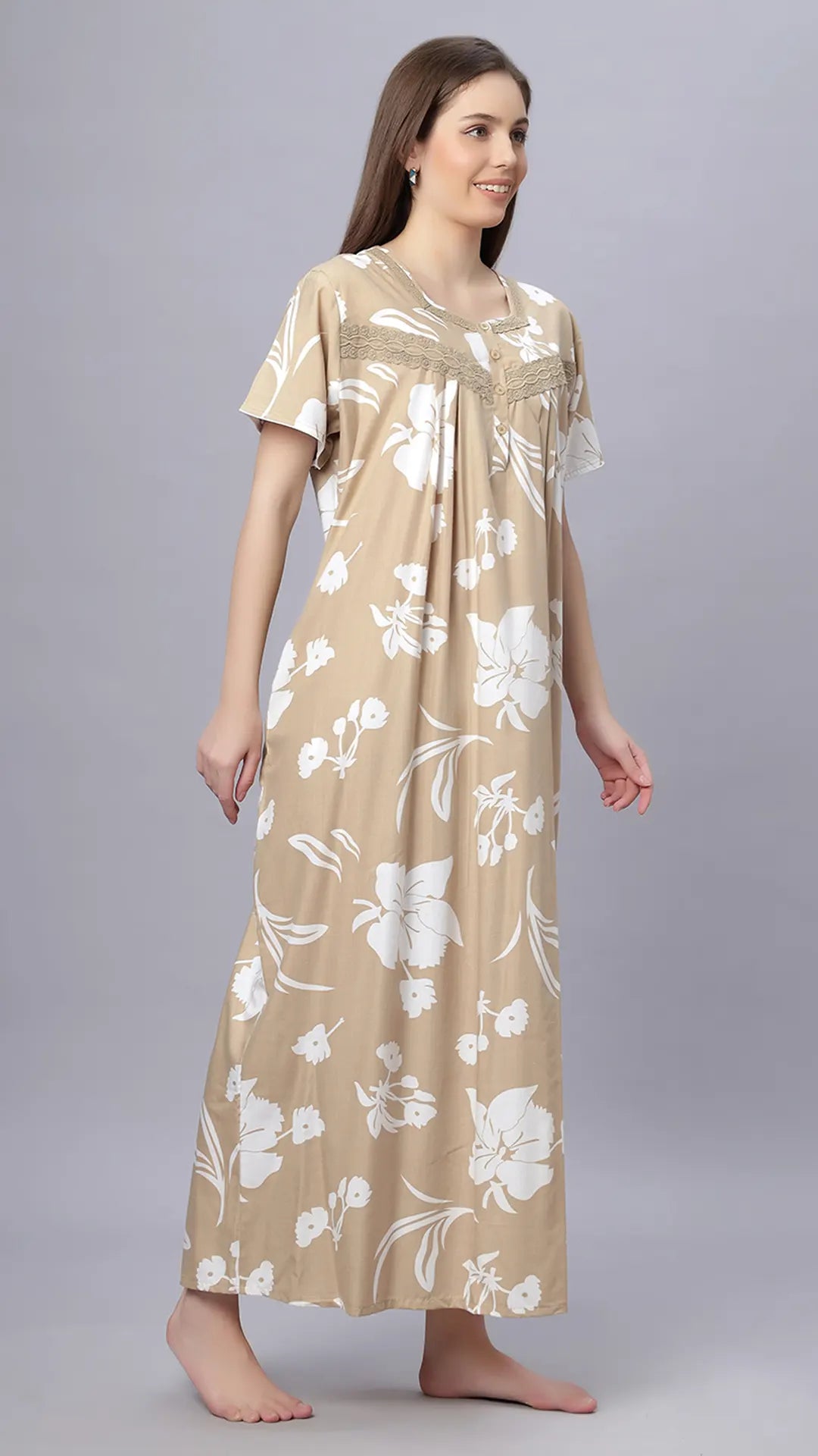 Sukanya Comfortable Women's Full Length Cotton Blend Half Sleeves Nighty, Khakhi, Green & Purple Soft and Elegant Print Sleepwear