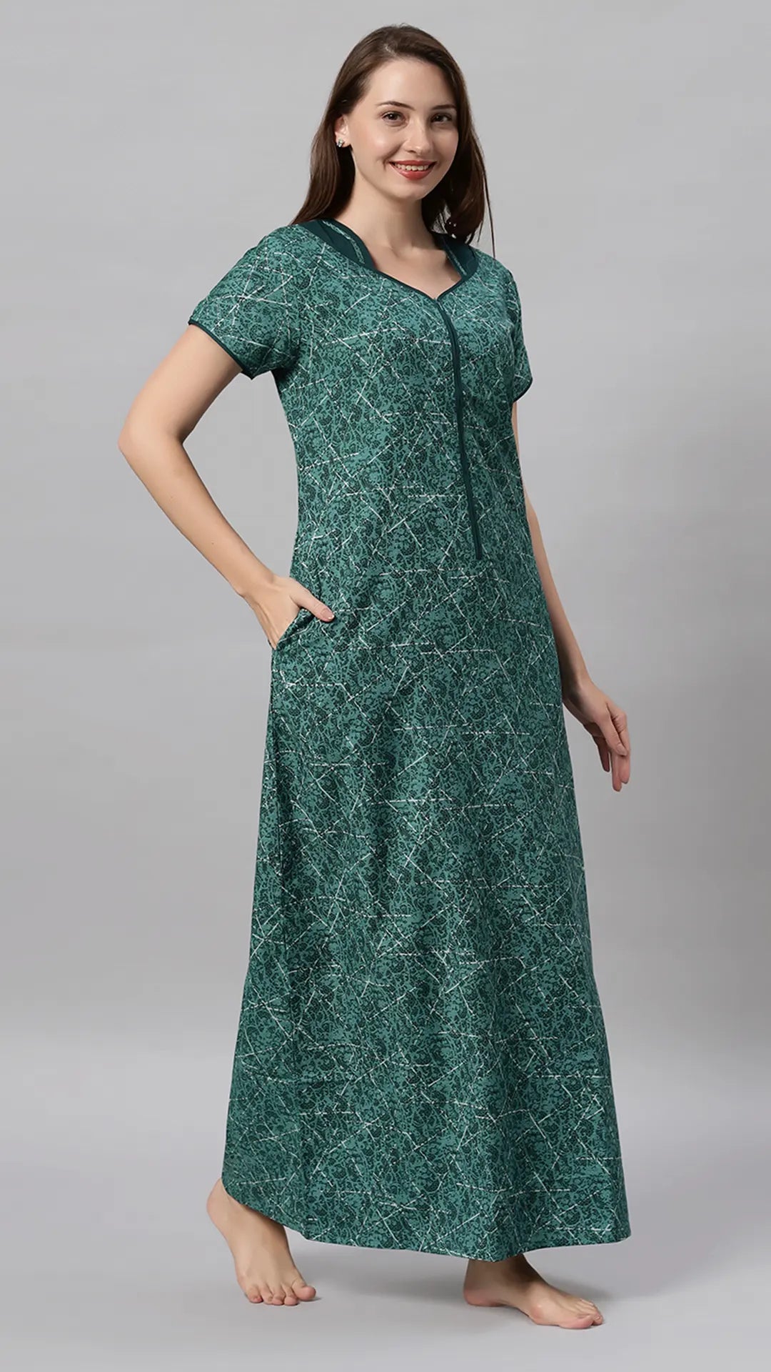 Sukanya Women's Printed Poly Cotton Lounge Wear Gown - Brown, Regular Fit, Ideal For: Women's, Occasion: Lounge Wear, Sleeve Type: Half Sleeves, Collar Type: V-neck