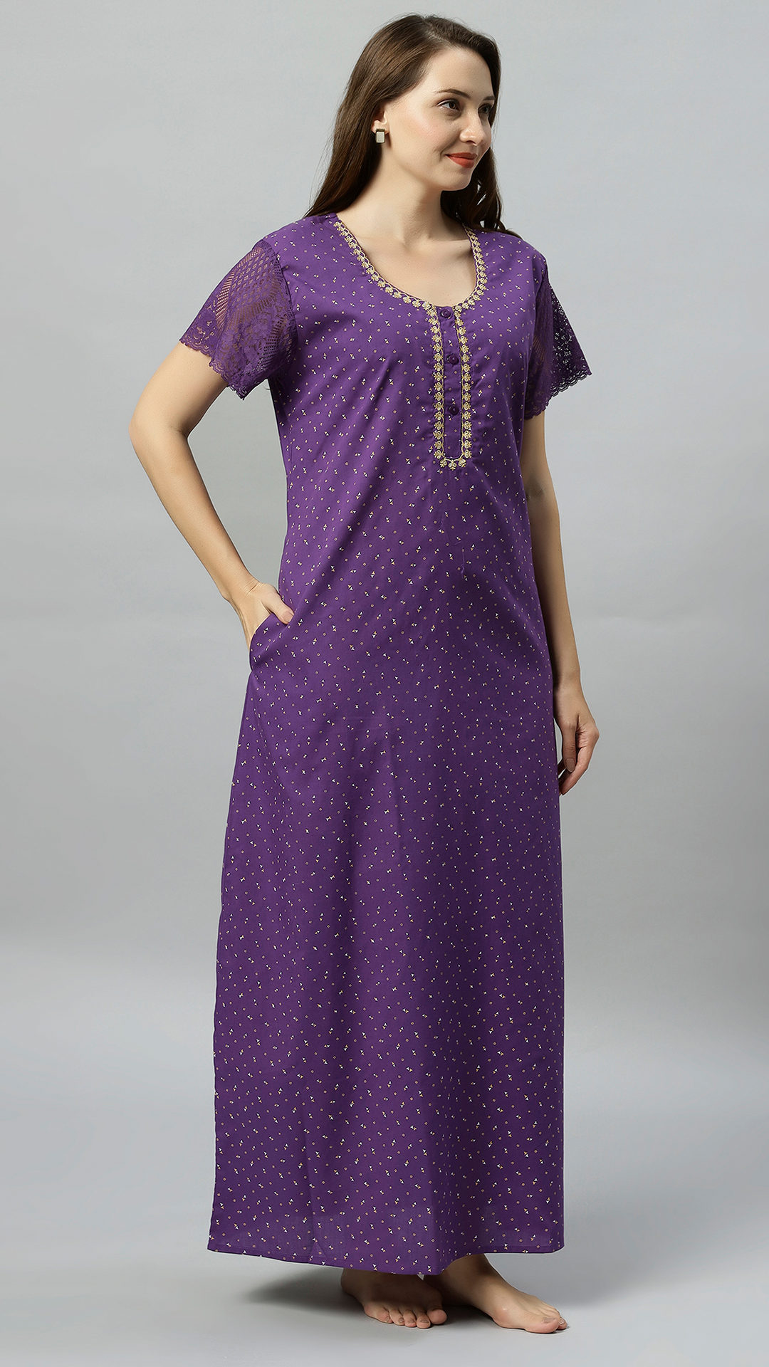 Sukanya Women's Embroidered Poly Cotton Lounge Wear Gown -  Regular Fit, Ideal For Women's, Lounge Wear, Half Sleeves, Round Neck