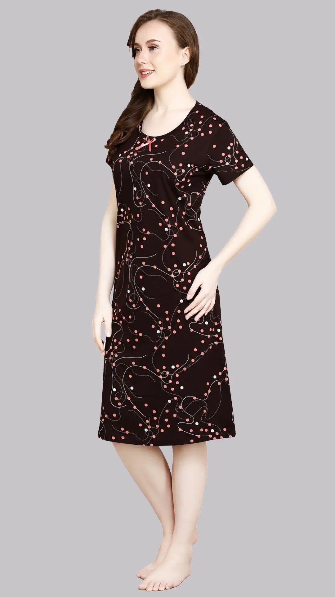 Sukanya  Women's Printed Lounge Wear Gown - Coffee, Regular Fit, Ideal for Women's, Sinker Fabric, Half Sleeves, Round Neck
