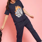 Lunica Women's Printed Sinker Nightsuit Set , Regular Fit Loungewear , Ideal for Women , Lounge Wear Nightdress Pyjama Set Sleepwear , Navy Printed Half Sleeves Round Neck