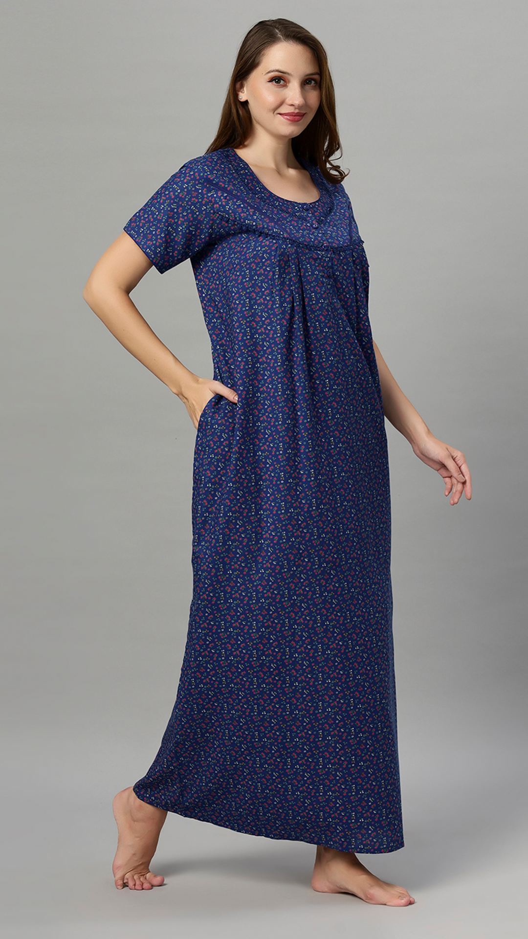 Sukanya Women's Floral Print Lounge Wear Gown - Poly Cotton, Regular Fit, Ideal For Women's, Lounge Wear, Flower Print, Half Sleeves, Round Neck, Blue, Red & Yellow