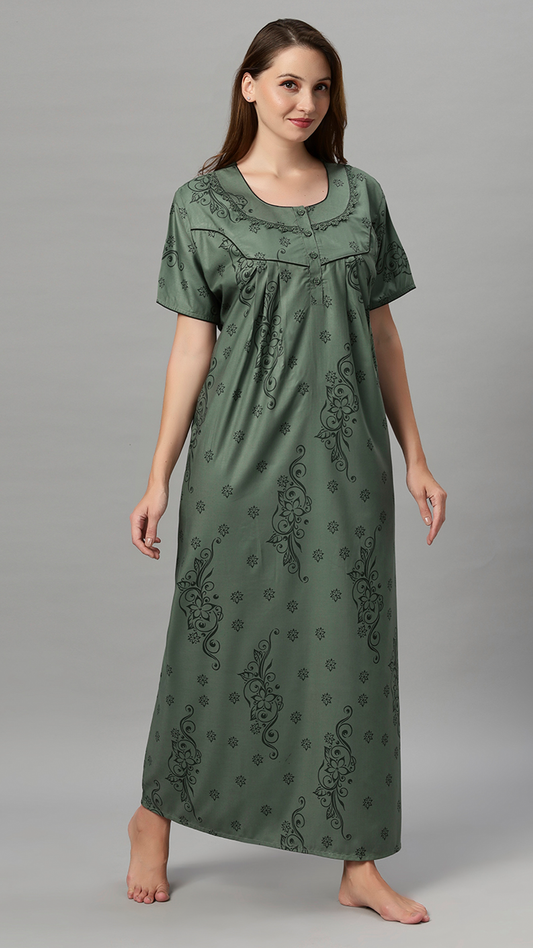 Sukanya Women's Floral Print Lounge Wear Gown - Polly Cotton, Regular Fit, Half Sleeves, Round Neck, Green, Yellow & Rust