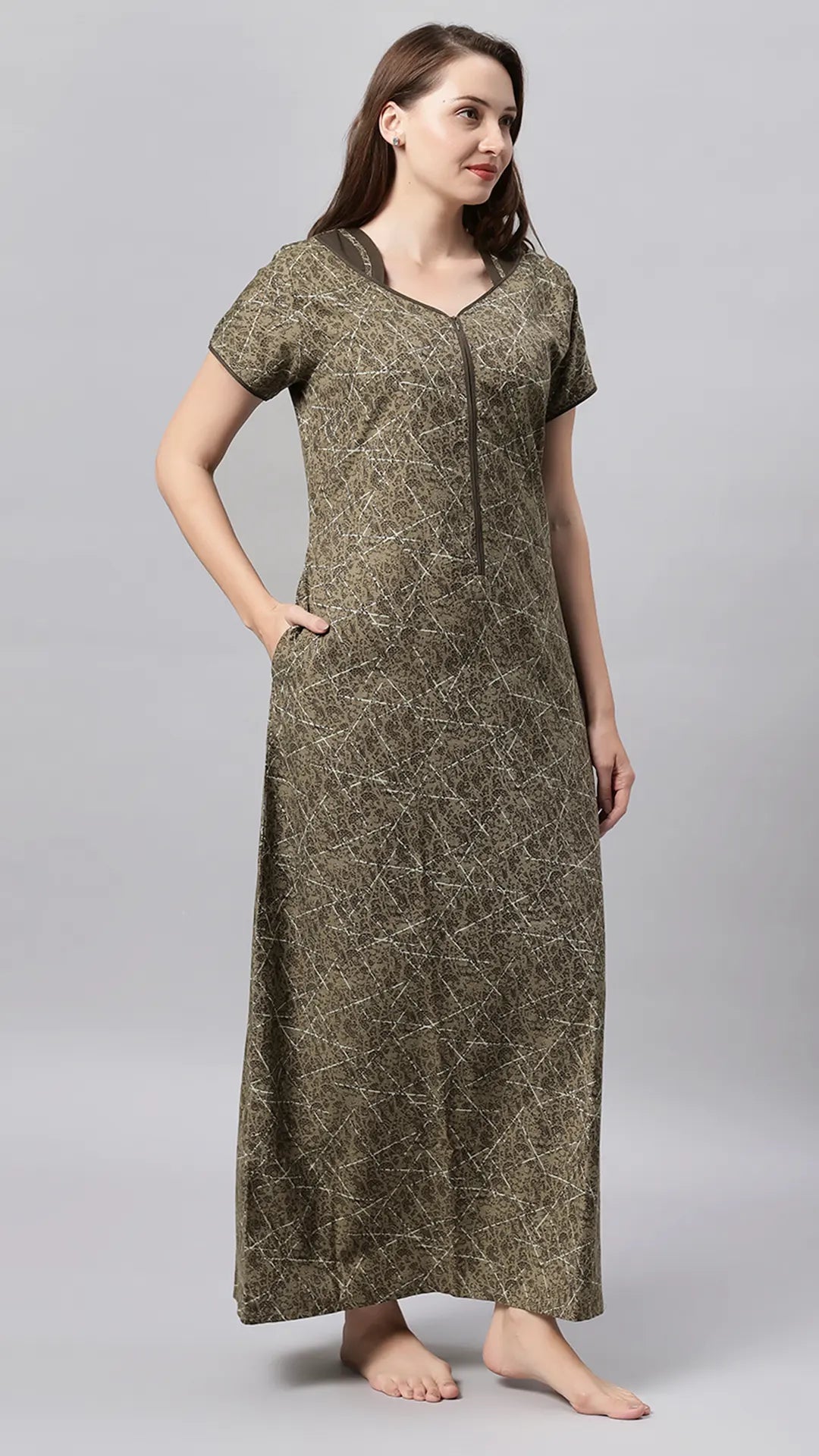 Sukanya Women's Printed Poly Cotton Lounge Wear Gown - Brown, Regular Fit, Ideal For: Women's, Occasion: Lounge Wear, Sleeve Type: Half Sleeves, Collar Type: V-neck