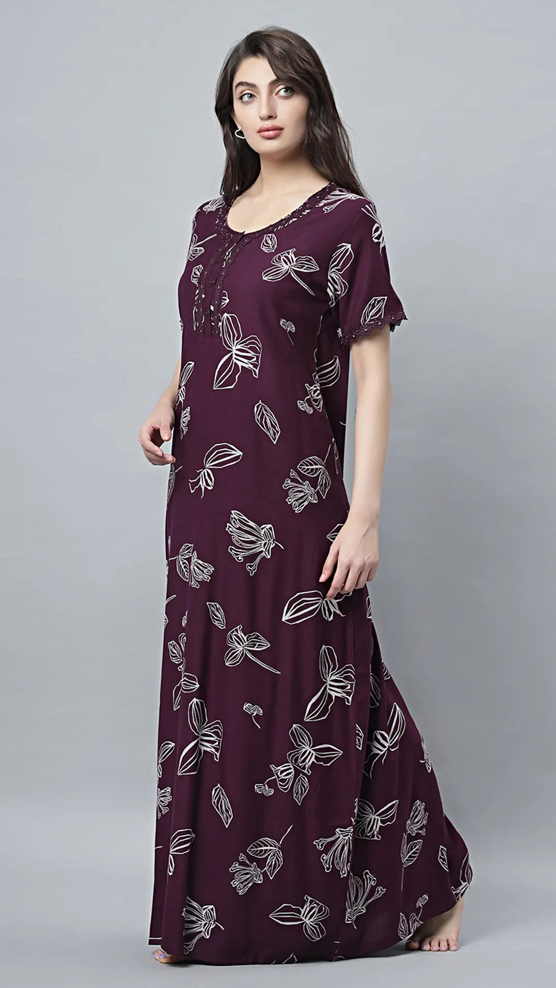 Sukanya Women's Black, Navy Blue & wine, Cotton Blend Printed Nighty - Half Sleeves, Round Neck, Long