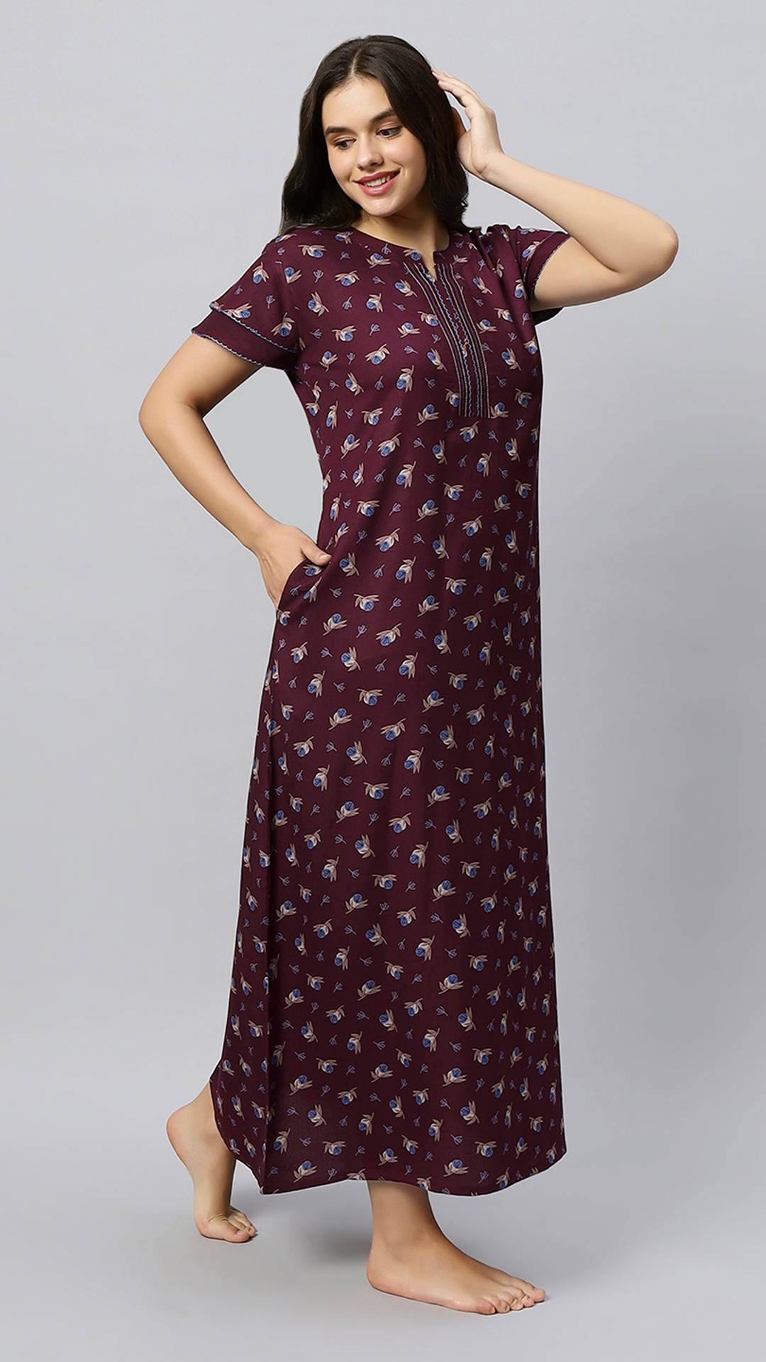 Sukanya Women's Floral Lounge Wear Gown - Regular Fit, Ideal for Women's, Lounge Wear,  Viscose Rayon, Floral, Half Sleeves, Round, Wine, Green & Mustard