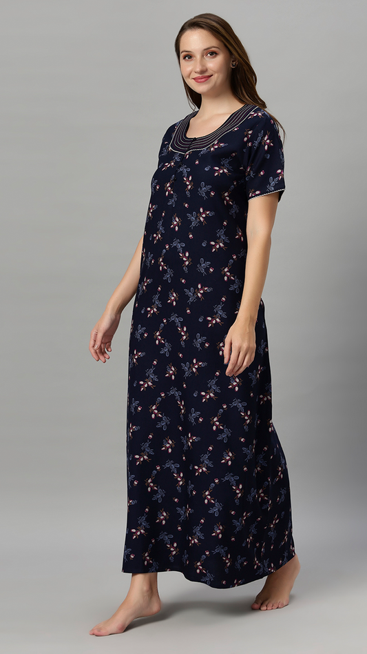 Sukanya Women's Leaf Print Lounge Wear Gown -VISCOSE POLYSTER, Regular Fit, Half Sleeves, Round Neck