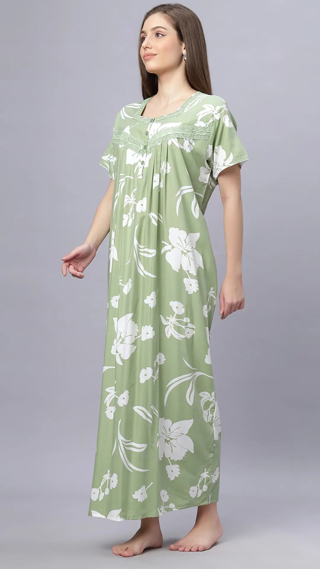 Sukanya Comfortable Women's Full Length Cotton Blend Half Sleeves Nighty, Khakhi, Green & Purple Soft and Elegant Print Sleepwear