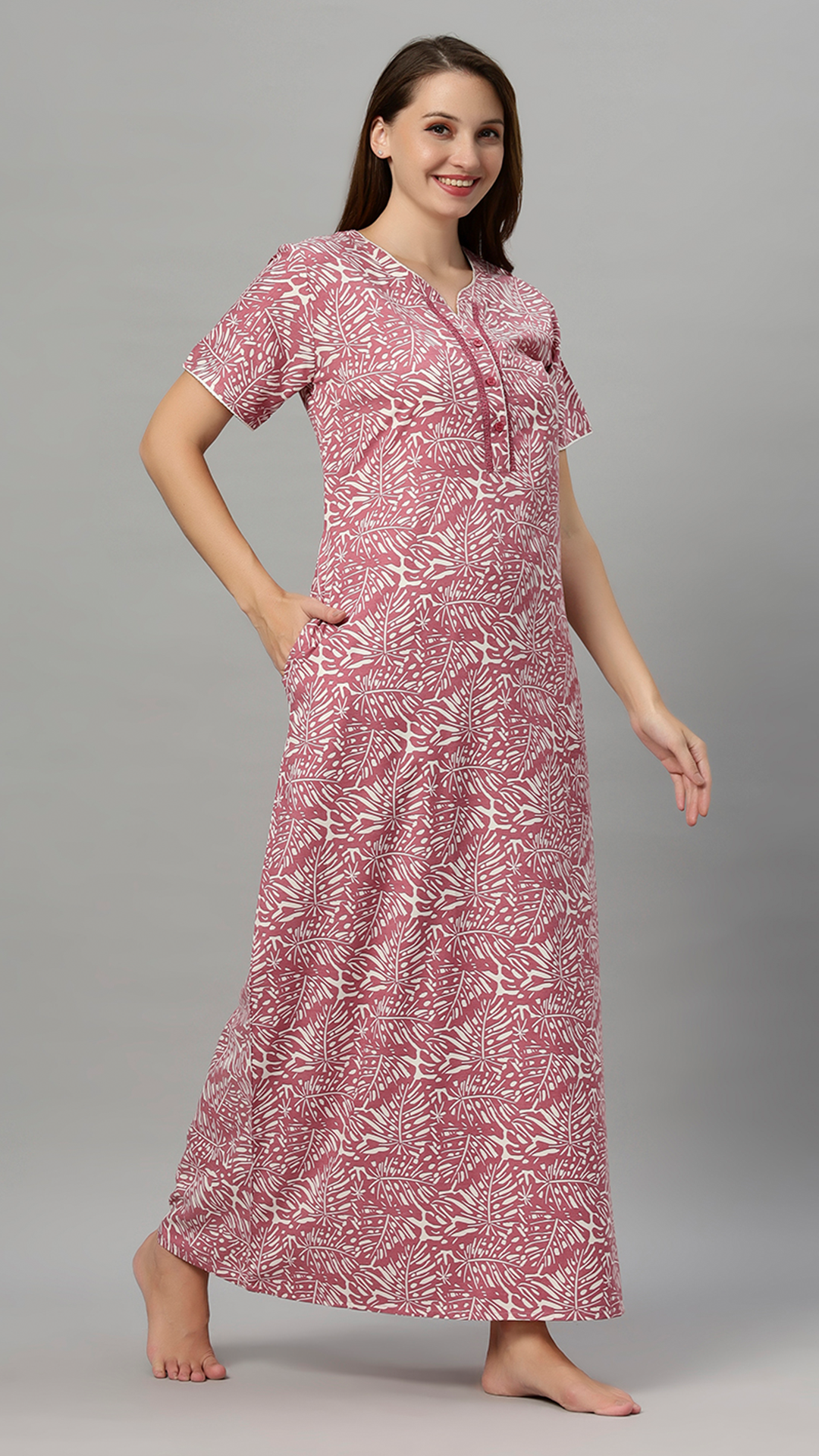Sukanya Women's Printed Gowns - Poly Cotton, Regular Fit, Lounge Wear, Half Sleeves, V Neck, Green, Rust