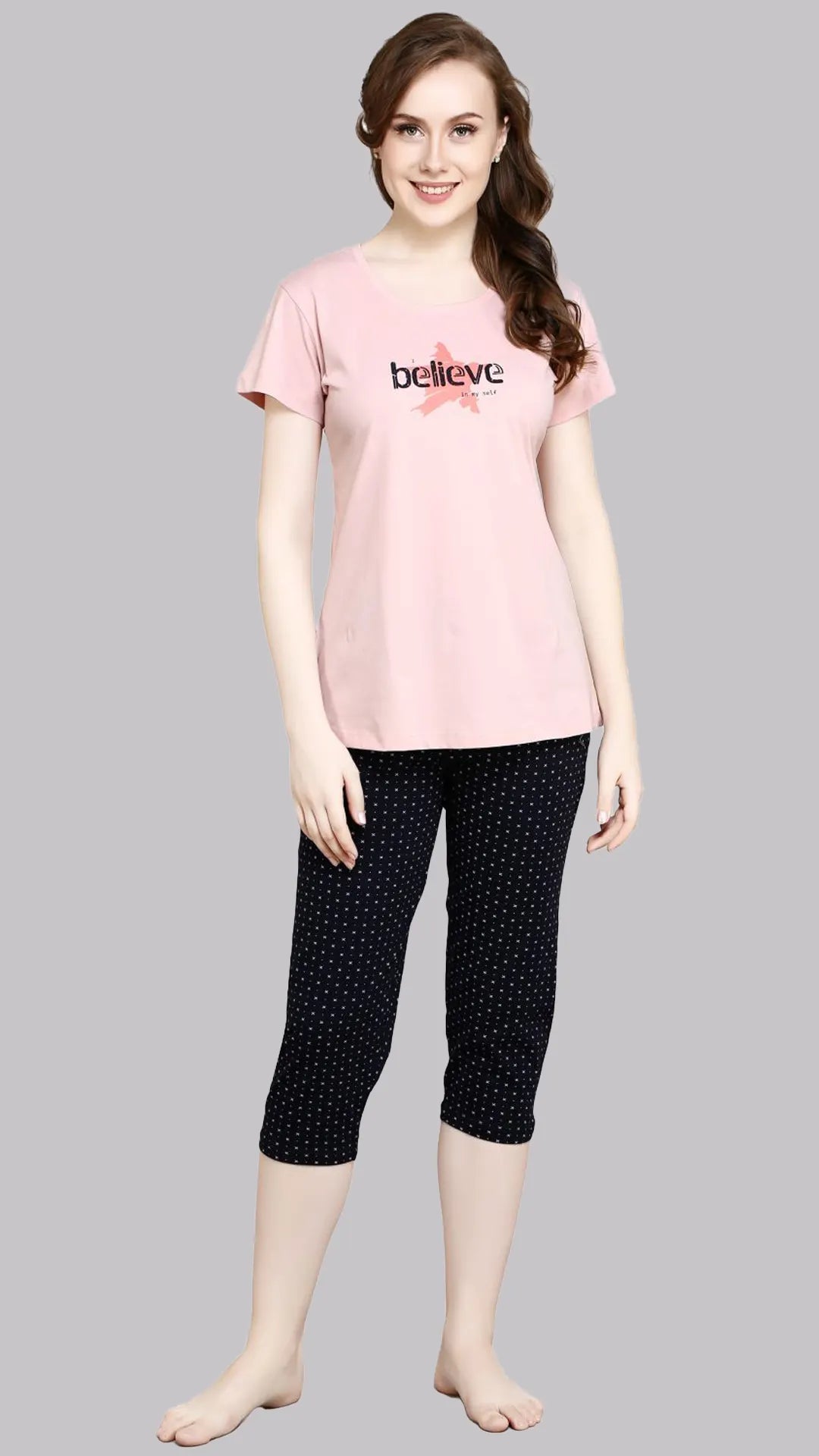 Sukanya  Women's Printed Sinker Capri Set | Regular Fit Loungewear | Ideal for Women | Lounge Wear Nightdress Capri Set Sleepwear | Pink Printed Half Sleeves Round Neck
