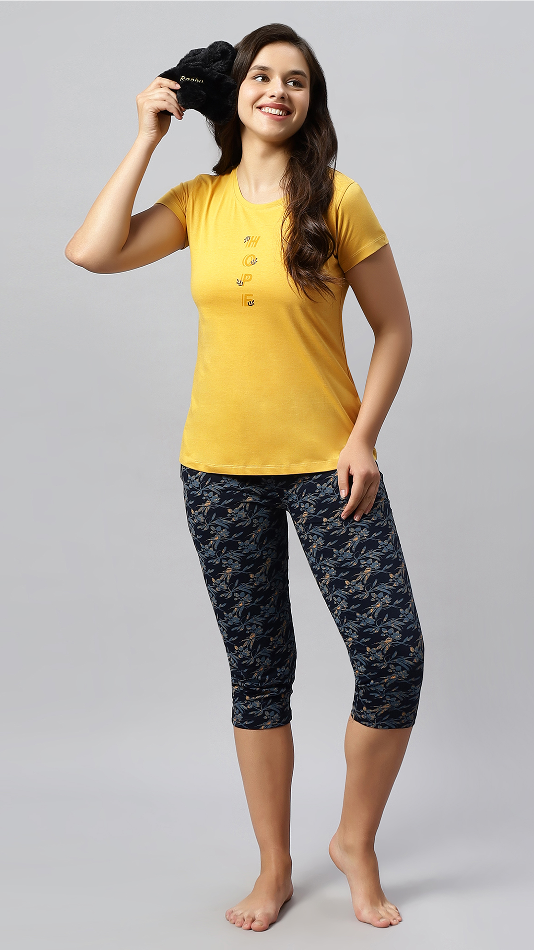 Sukanya Women's Printed Lounge Wear Top & Capri Set - Yellow, Regular Fit, Women's, Lounge Wear, Sinker Fabric, Printed Pattern, Half Sleeve, Round Neck