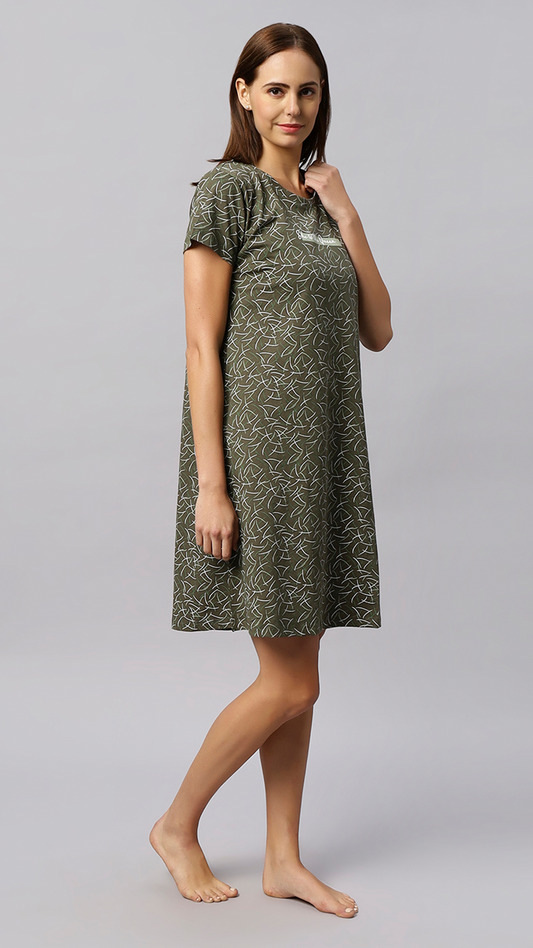 Sukanya Women's Printed Lounge Wear Gown - Olive, Regular Fit, Ideal For: Women's, Occasion Type: Lounge Wear, Fabric Type: Sinker, Sleeve Type: Half Sleeves, Color: Olive, Collar Type: Round Neck