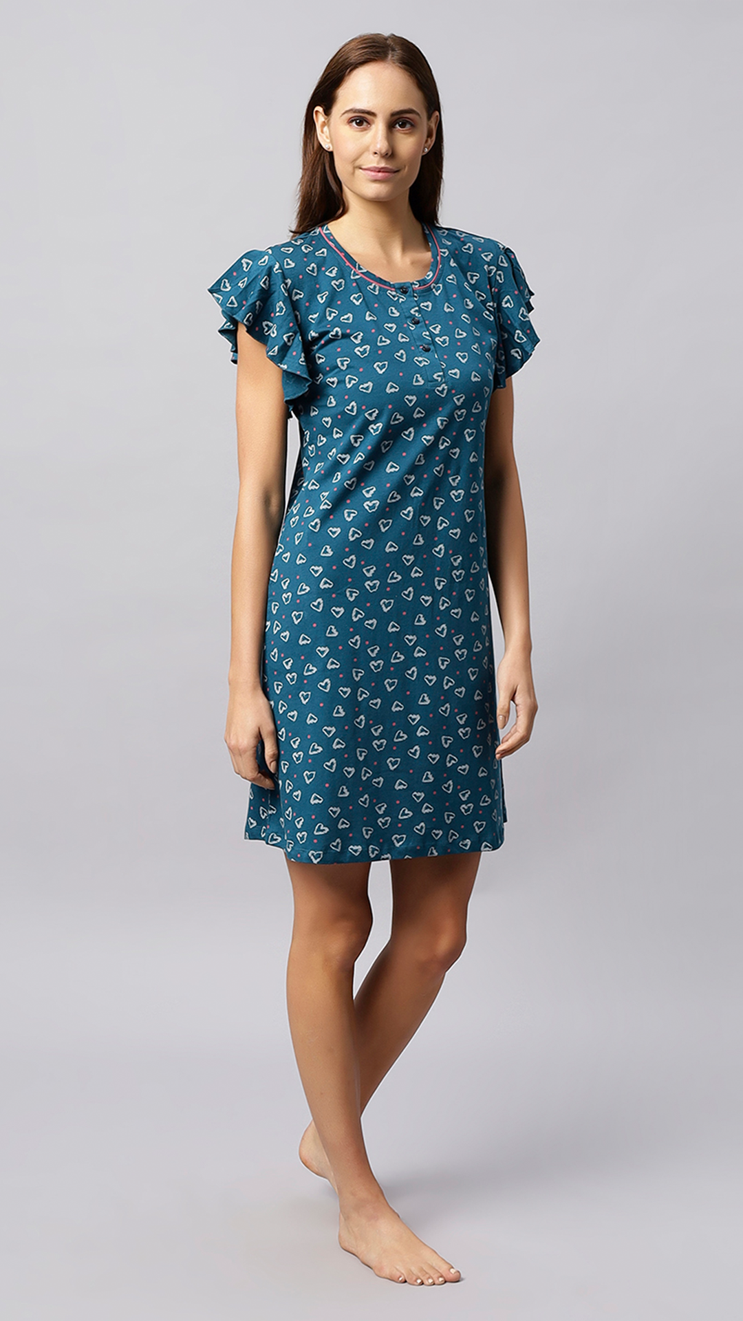 Sukanya Women's Printed Lounge Wear Gown - Green, Regular Fit, Ideal For Women's, Occasion Type: Lounge Wear,  Sinker, : Half Sleeves, Green,  Round Neck