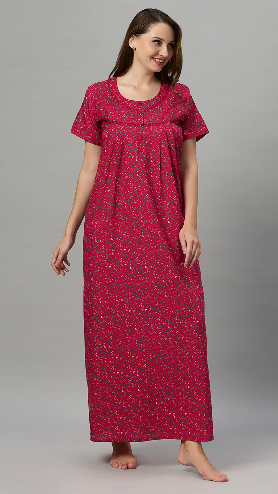 Sukanya Women's Floral Print Lounge Wear Gown - Poly Cotton, Regular Fit, Ideal For Women's, Lounge Wear, Flower Print, Half Sleeves, Round Neck, Blue, Red & Yellow