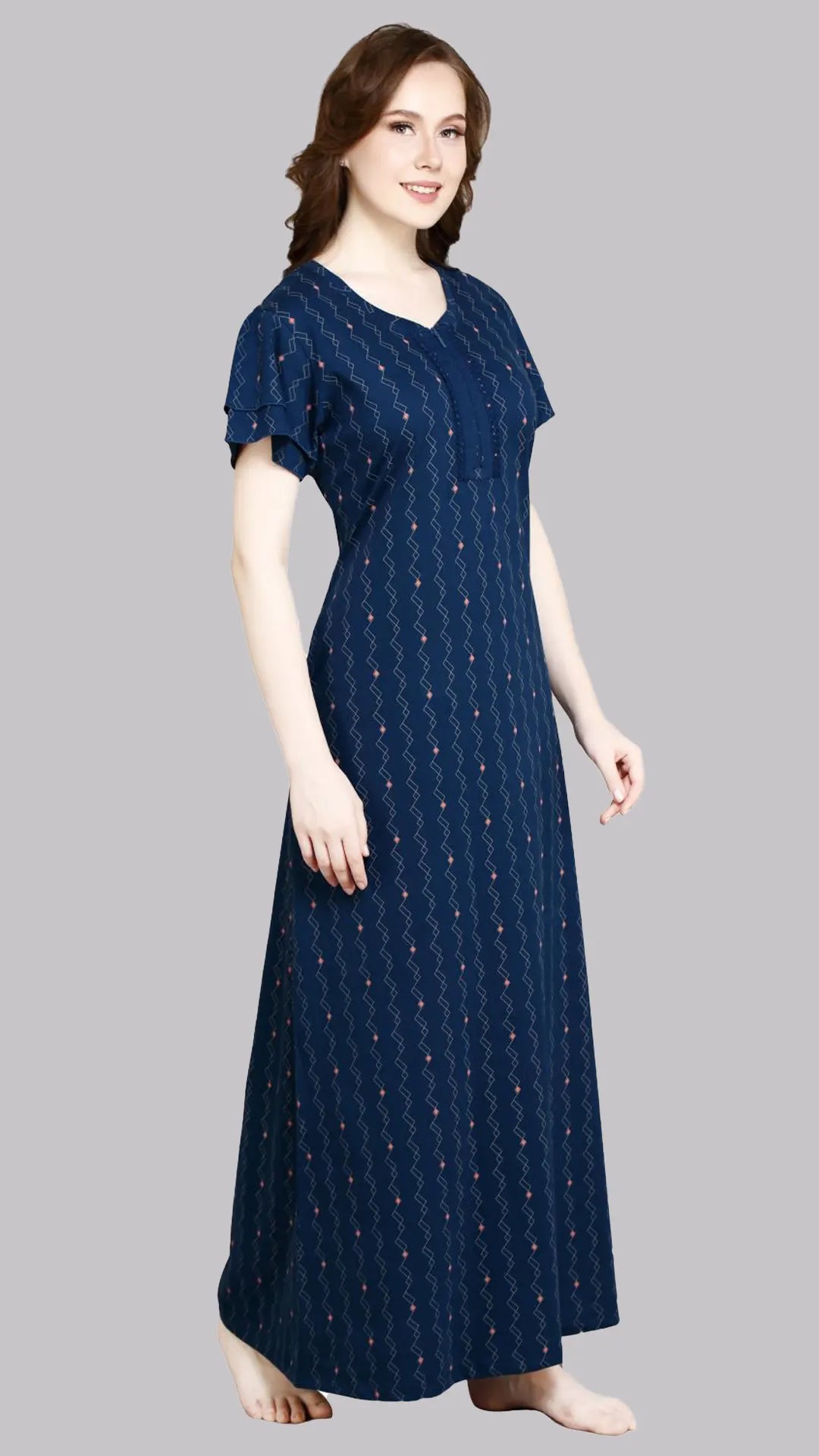 Sukanya  Women's Printed Sinker Nightsuit Set | Full Nighty Lounge Wear Nightdress Pyjama Set Sleepwear | Blue Printed Half Sleeves Round Neck