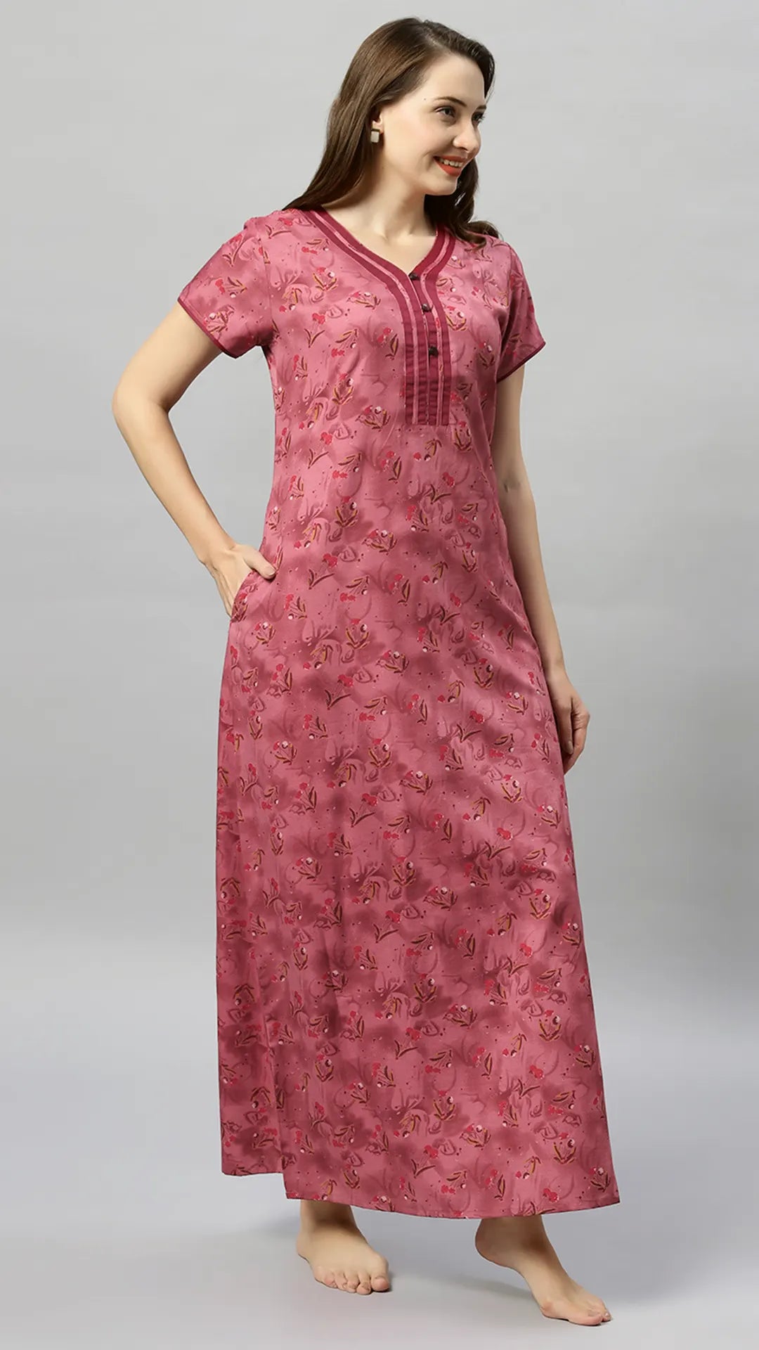 Sukanya Women's Blue, Green & Red, Floral Printed Poly Cotton Lounge Wear Gown - Regular Fit, V-neck, Half Sleeves