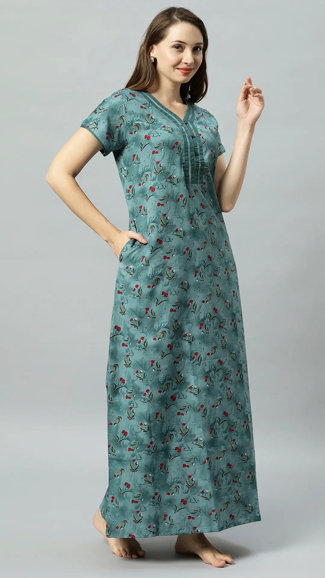 Sukanya Women's Blue, Green & Red, Floral Printed Poly Cotton Lounge Wear Gown - Regular Fit, V-neck, Half Sleeves