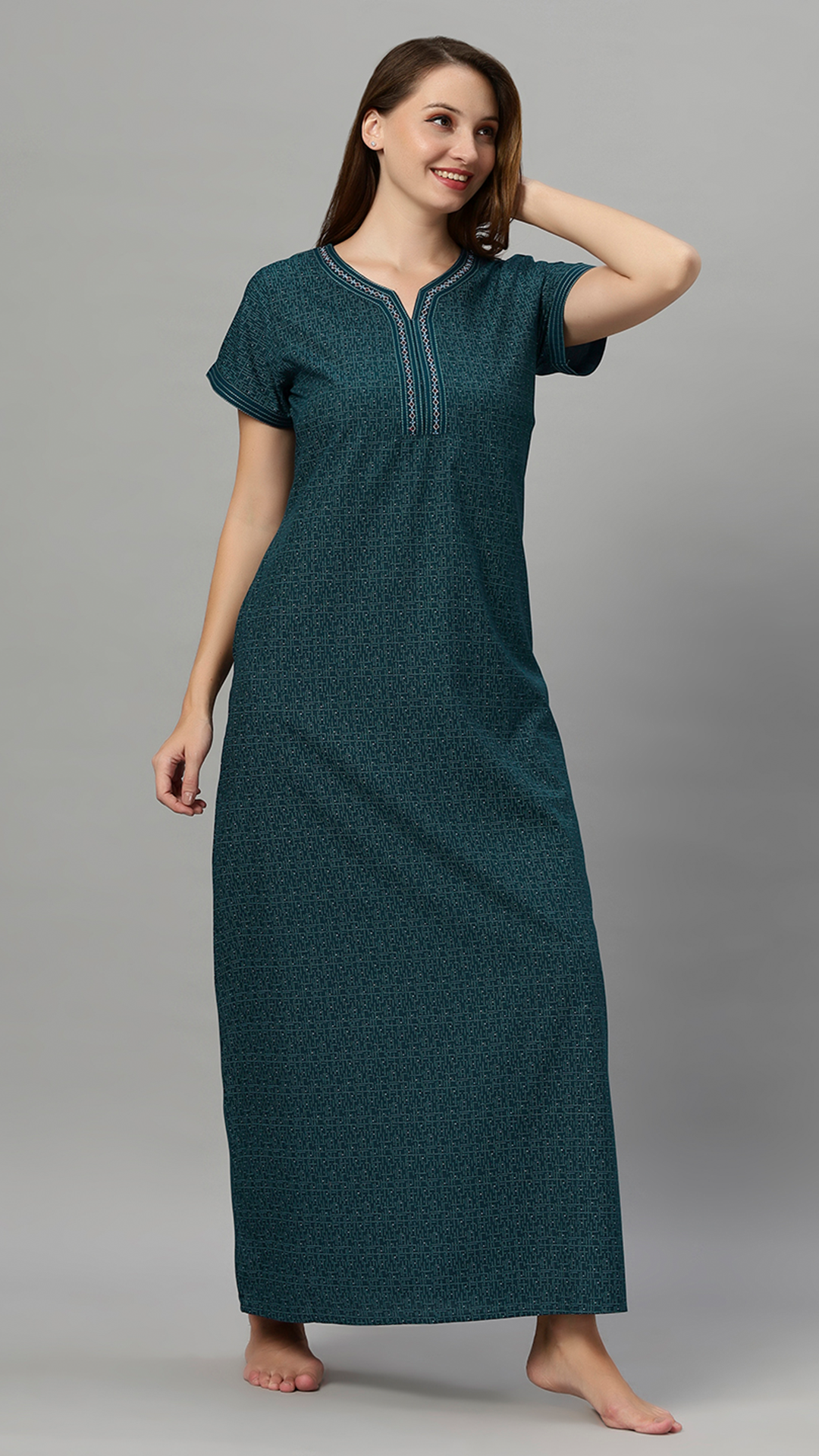 Sukanya Women's Printed Gowns - Poly Cotton, Regular Fit, Lounge Wear, Sukanya Women's Printed Gowns - Poly Cotton, Regular Fit, Lounge Wear, Half Sleeves, V Neck, Green, Blue & MaroonSleeves, V Neck