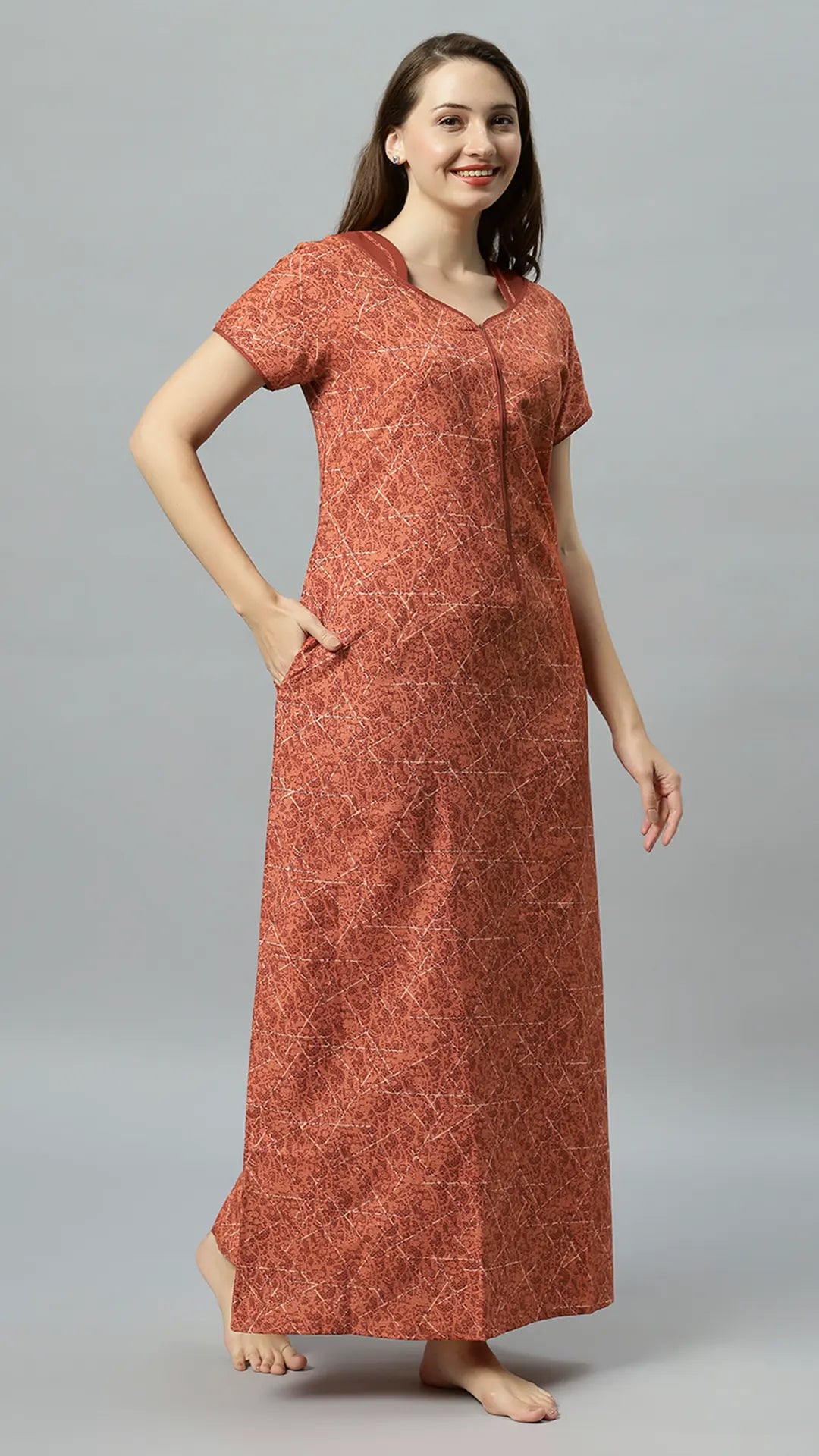 Sukanya Women's Printed Poly Cotton Lounge Wear Gown - Brown, Regular Fit, Ideal For: Women's, Occasion: Lounge Wear, Sleeve Type: Half Sleeves, Collar Type: V-neck