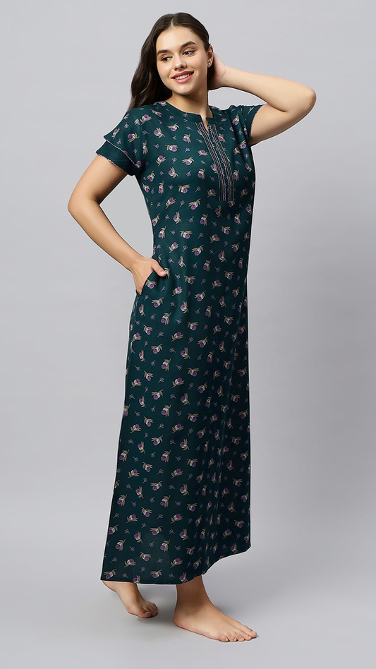 Sukanya Women's Floral Lounge Wear Gown - Regular Fit, Ideal for Women's, Lounge Wear,  Viscose Rayon, Floral, Half Sleeves, Round, Wine, Green & Mustard