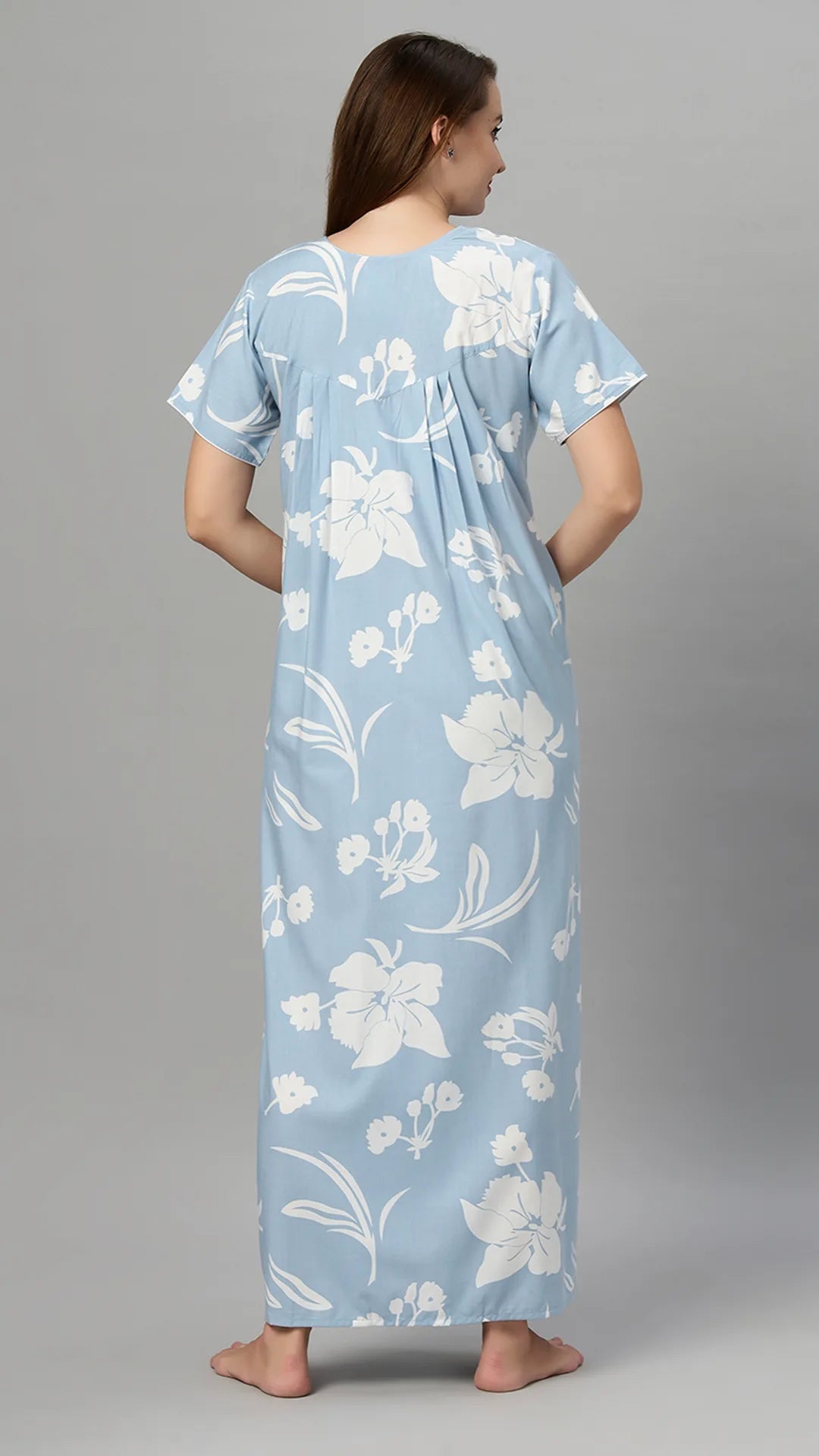 Sukanya Women's Floral Print Lounge Wear Gown -  Poly Cotton, Regular Fit, Half Sleeves, Round Neck, Light Purple, Light Green & Sky Blue