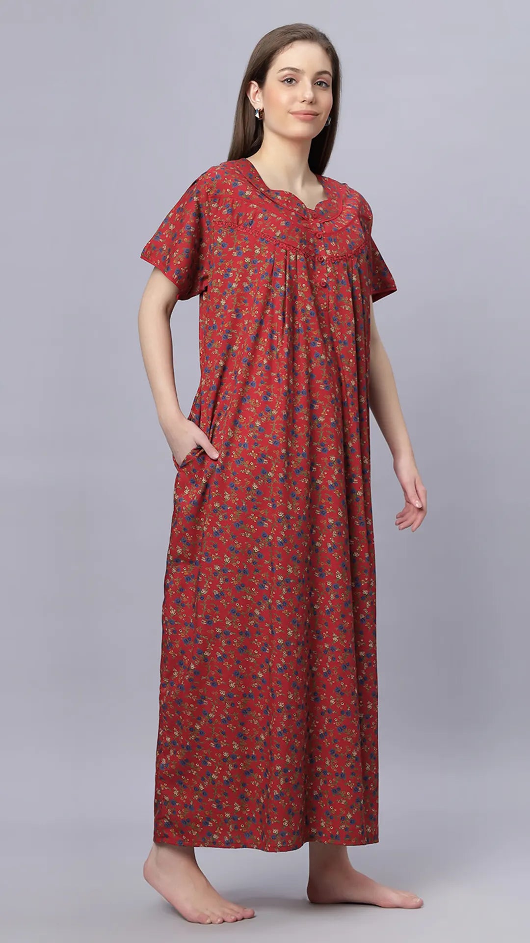 Sukanya Comfortable Women's Full Length Cotton Blend Half Sleeves Nighty, Red, Black & Blue, Soft and Elegant Print Sleepwear