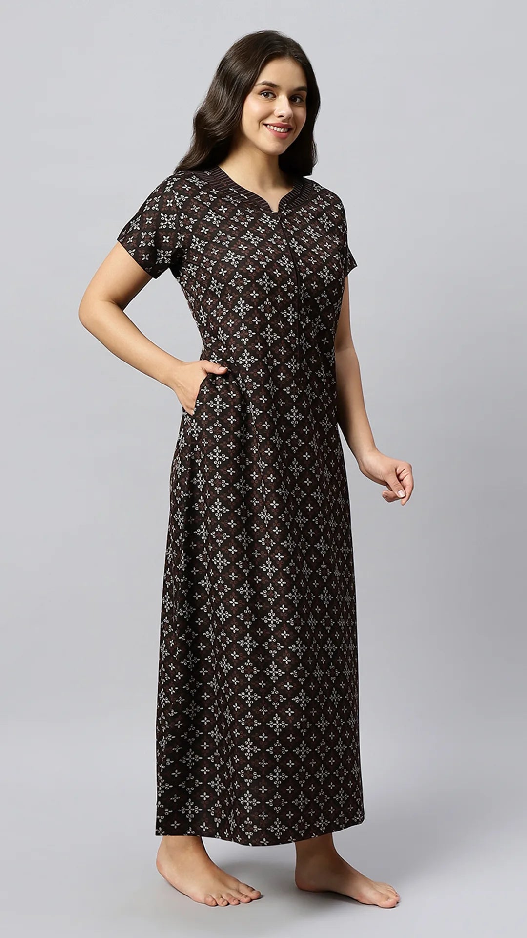 Sukanya Women's Geometrical Lounge Wear Gown - Coffee, Blue & Wine Poly Cotton, Regular Fit, Half Sleeves, Round Neck