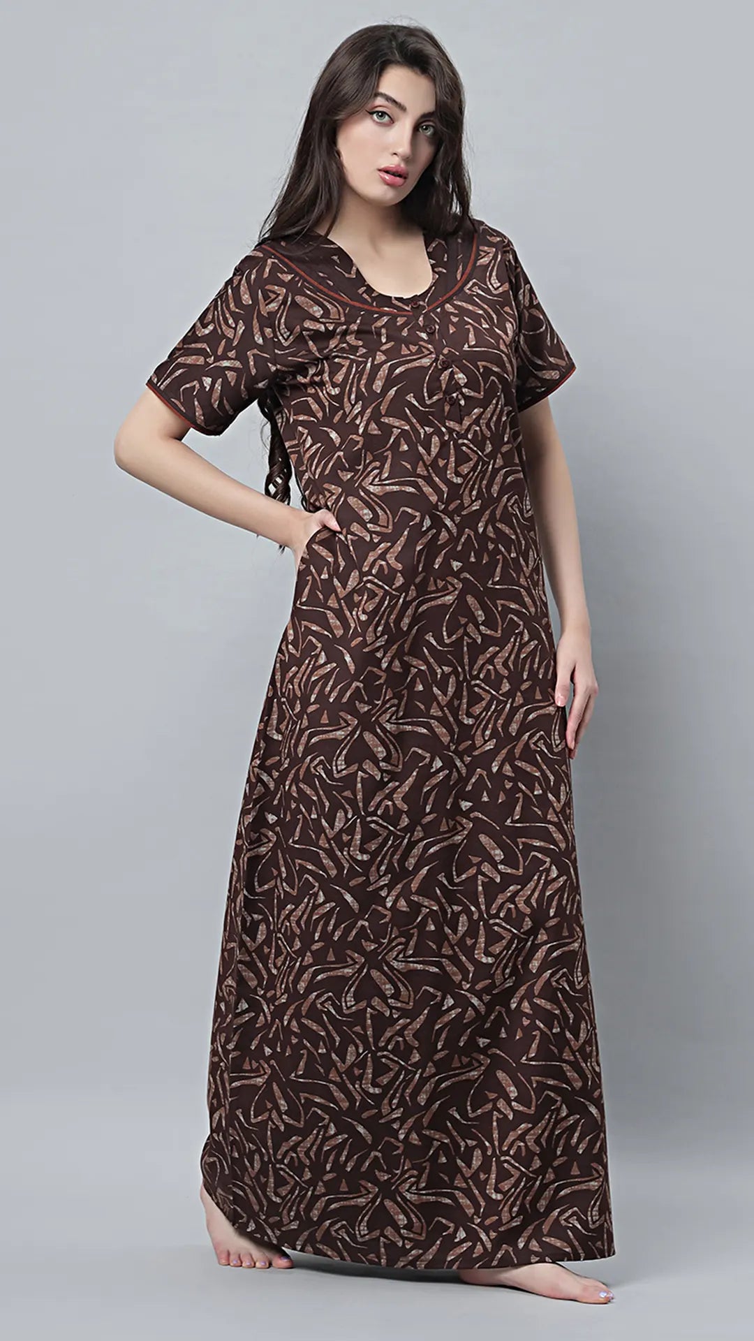 Sukanya Women's Black Cotton Blend Printed Nighty - Half Sleeves, Round Neck, Long