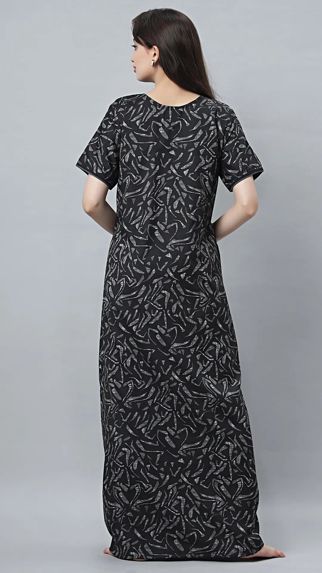 Sukanya Women's Black Cotton Blend Printed Nighty - Half Sleeves, Round Neck, Long