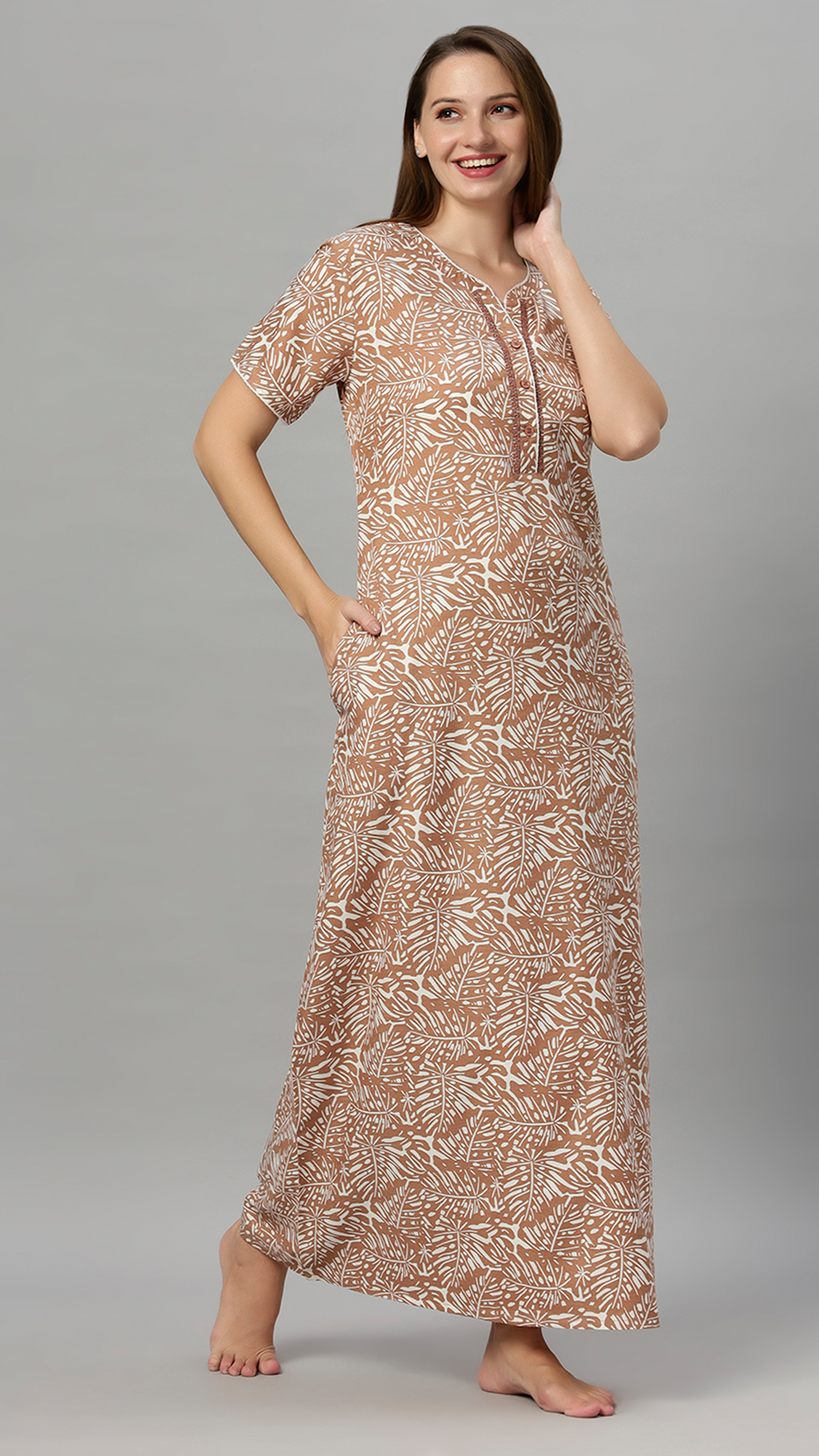 Sukanya Women's Printed Gowns - Poly Cotton, Regular Fit, Lounge Wear, Half Sleeves, V Neck, Green, Rust
