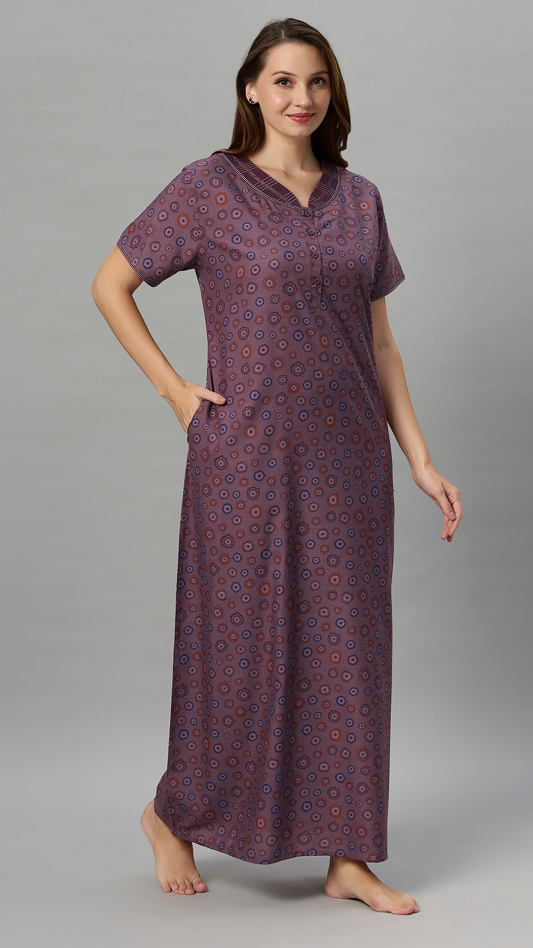 Sukanya Women's Floral Printed Blue, Wine & brown Polly Cotton Lounge Wear Gown - Regular Fit, V Neck, Half Sleeves