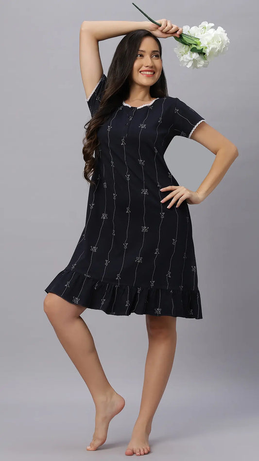 Sukanya  Women's Printed Lounge Wear Gown - Navy, Regular Fit, Ideal for Women's, Sinker Fabric, Half Sleeves, Round Neck