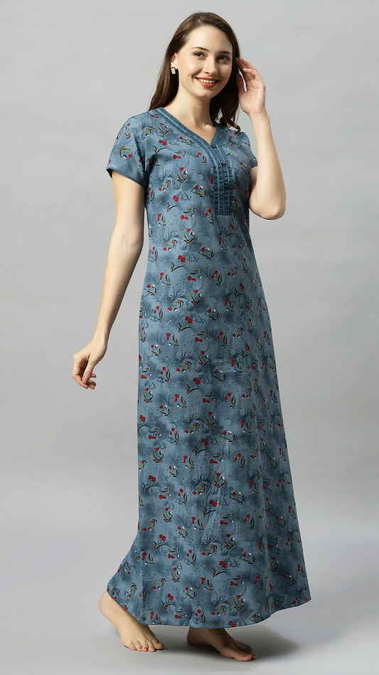 Sukanya Women's Blue, Green & Red, Floral Printed Poly Cotton Lounge Wear Gown - Regular Fit, V-neck, Half Sleeves