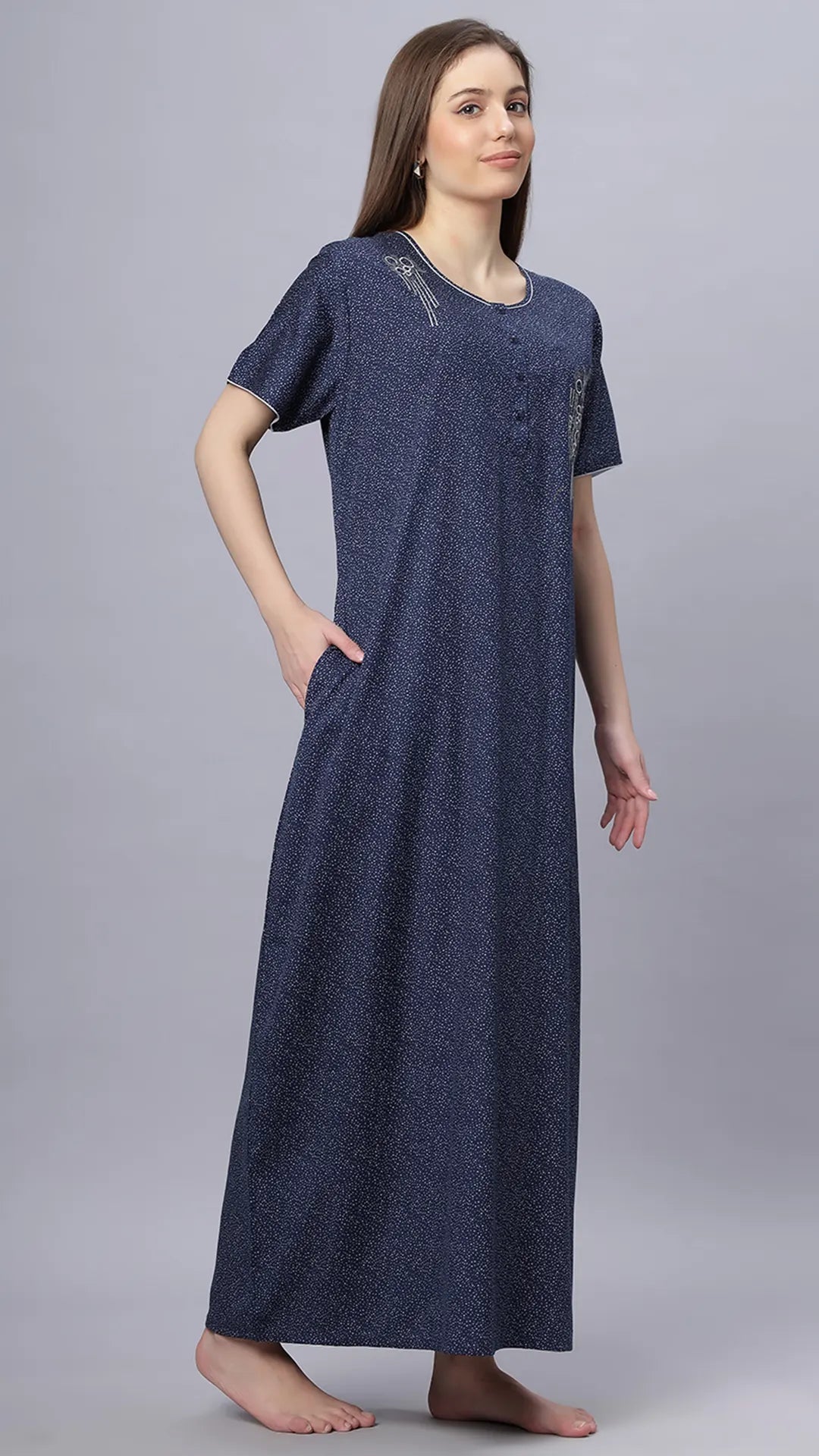 Sukanya Comfortable Women's Full Length Cotton Blend Half Sleeves Nighty, Black, Blue & Maroon, Soft and Elegant Print Sleepwear