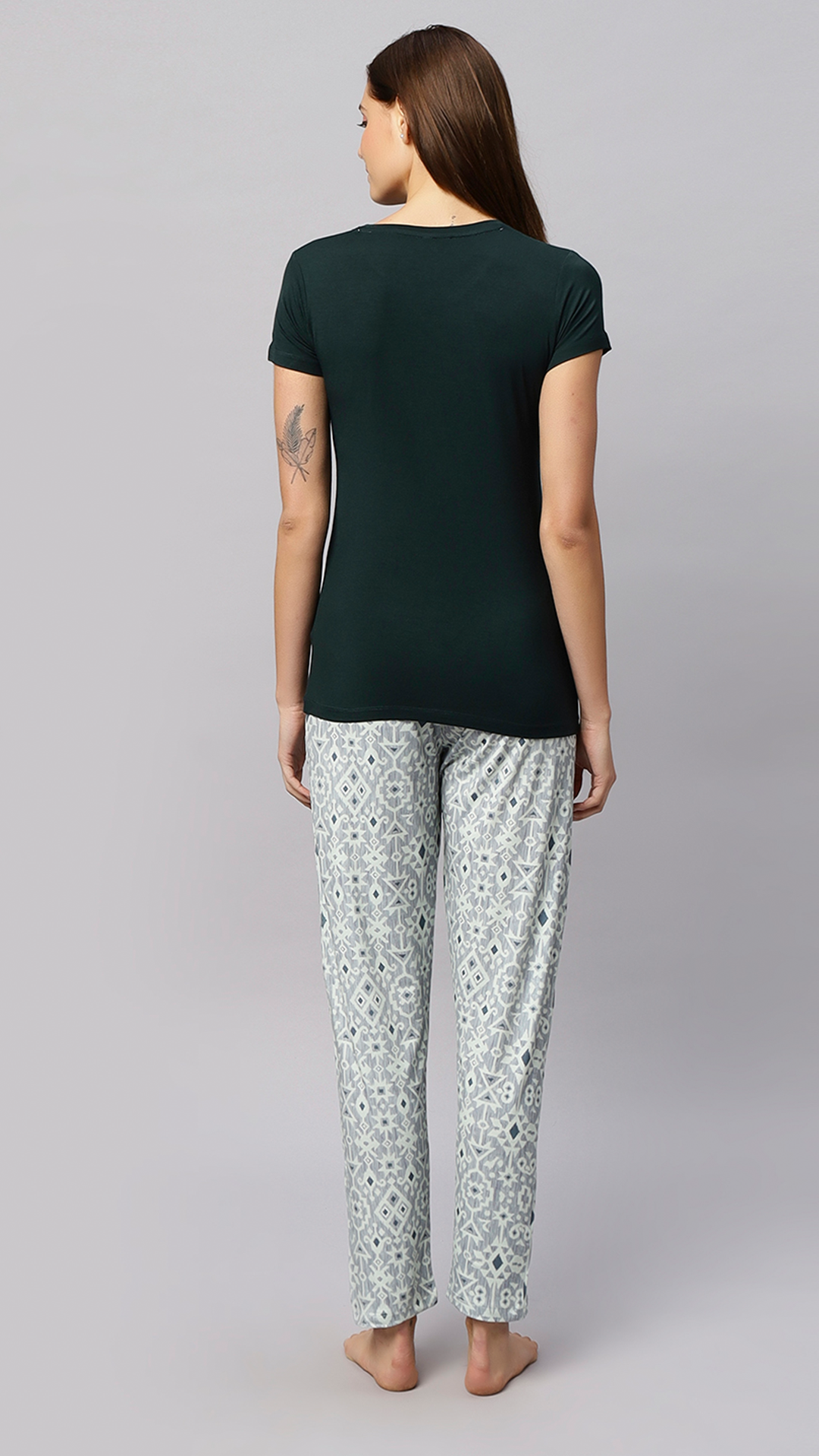 Sukanya Women's Printed Lounge Wear Top & Pyjama Set - Dark Green, Regular Fit, Sinker Fabric, Half Sleeve, Round Neck