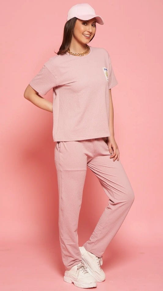 Lunica Women's Printed Sinker Nightsuit Set , Regular Fit Loungewear , Ideal for Women , Lounge Wear Nightdress Pyjama Set Sleepwear , Pink Printed Half Sleeves Round Neck
