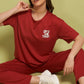 Lunica Women's Printed Sinker Nightsuit Set , Regular Fit Loungewear , Ideal for Women , Lounge Wear Nightdress Pyjama Set Sleepwear , Red Printed Half Sleeves Round Neck