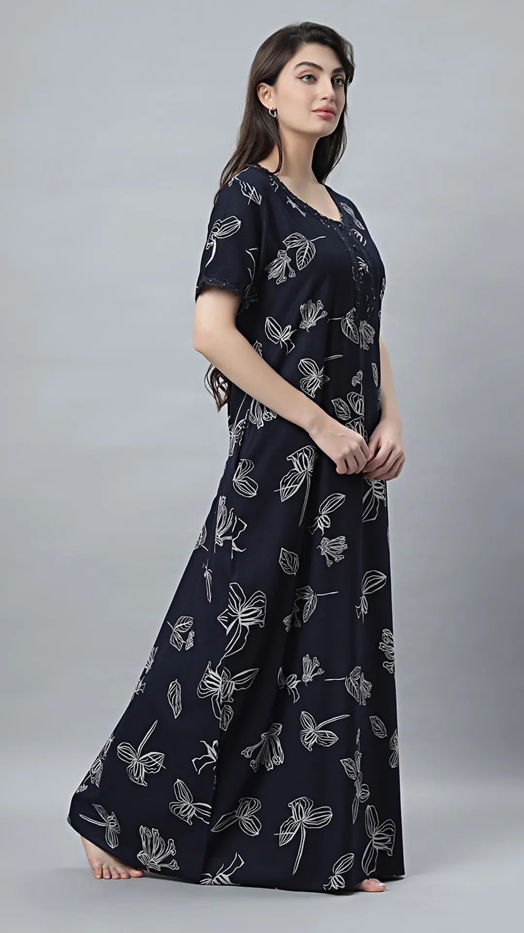 Sukanya Women's Black, Navy Blue & wine, Cotton Blend Printed Nighty - Half Sleeves, Round Neck, Long