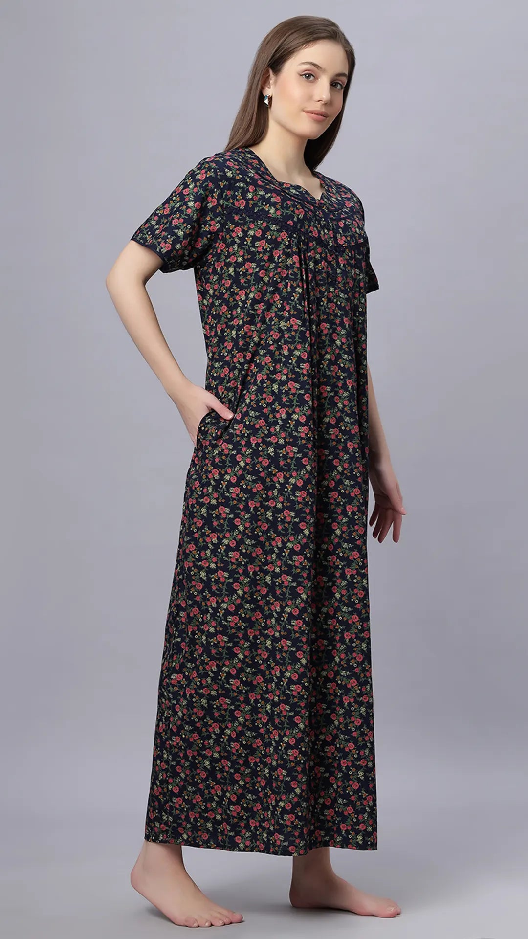 Sukanya Comfortable Women's Full Length Cotton Blend Half Sleeves Nighty, Red, Black & Blue, Soft and Elegant Print Sleepwear