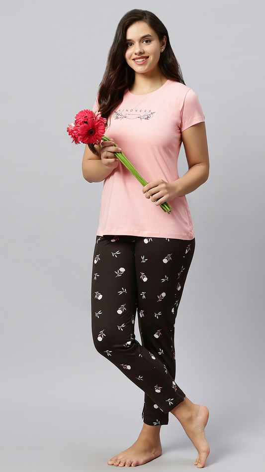 Sukanya Women's Printed Lounge Wear Top & Pyjama Set - Pink, Regular Fit, Ideal for Women's, Lounge Wear, Sinker Fabric, Half Sleeve, Round Neck