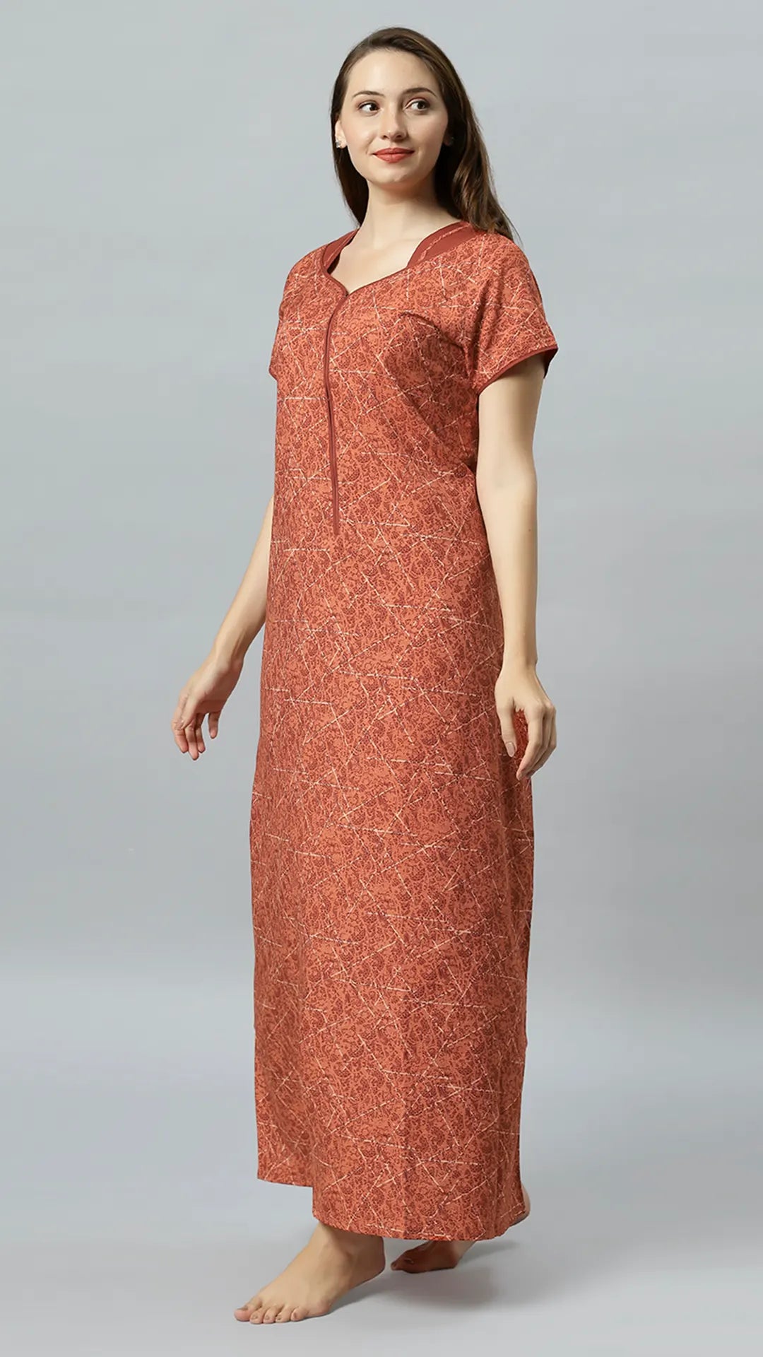 Sukanya Women's Printed Poly Cotton Lounge Wear Gown - Brown, Regular Fit, Ideal For: Women's, Occasion: Lounge Wear, Sleeve Type: Half Sleeves, Collar Type: V-neck