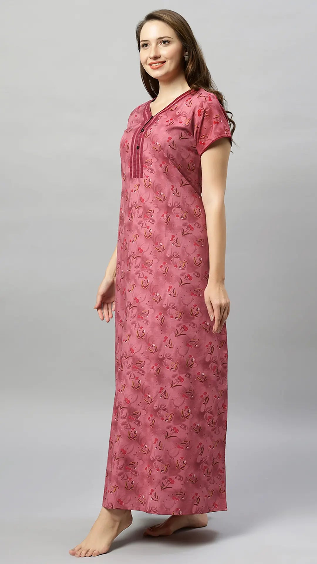 Sukanya Women's Blue, Green & Red, Floral Printed Poly Cotton Lounge Wear Gown - Regular Fit, V-neck, Half Sleeves