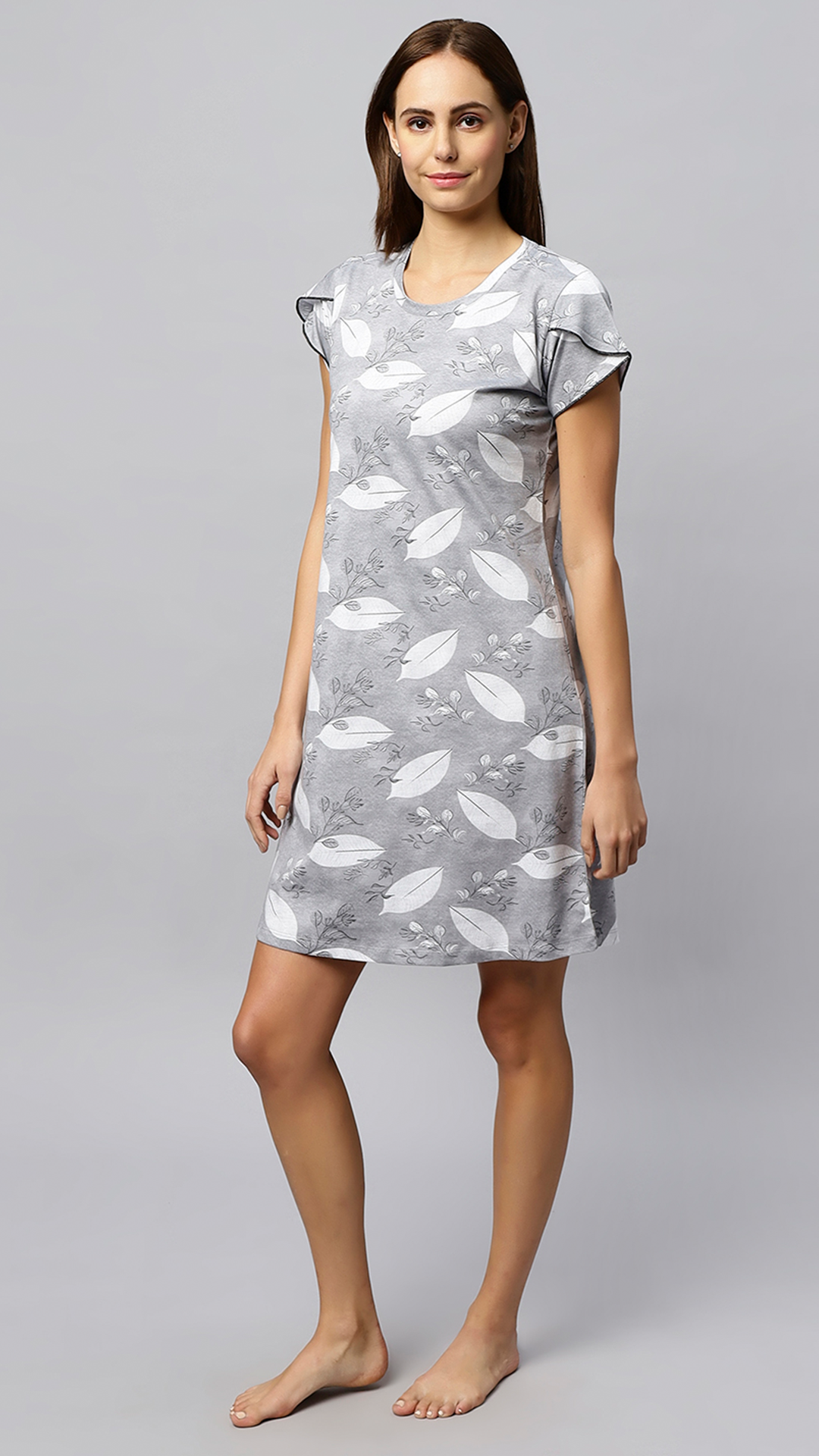 Sukanya Women's Printed Lounge Wear Gown - Regular Fit, Ideal for Lounge Wear, Sinker Fabric, Half Sleeves, Grey, Round Neck