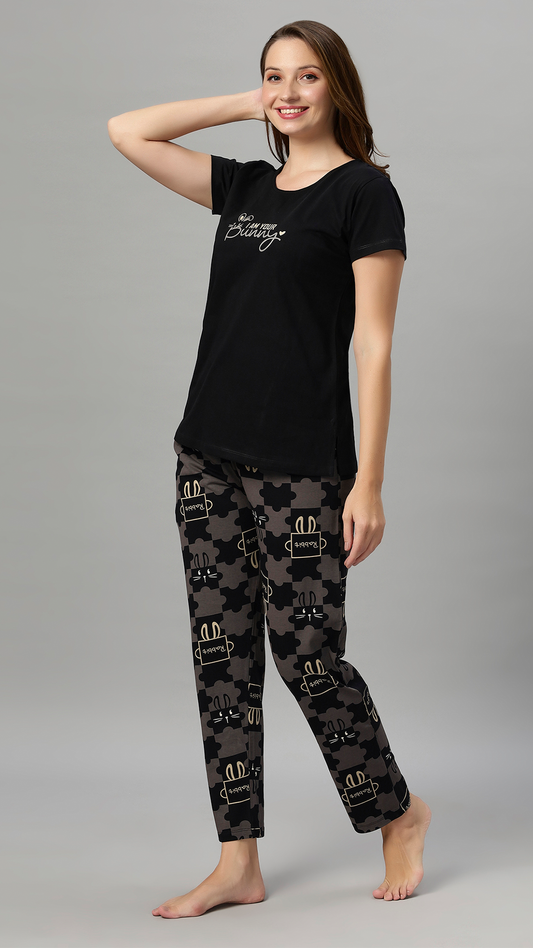 Sukanya Women's Printed Sinker Nightsuit Set | Regular Fit Loungewear | Ideal for Women | Lounge Wear Nightdress Pyjama Set Sleepwear | Black Printed Half Sleeves Collar Neck