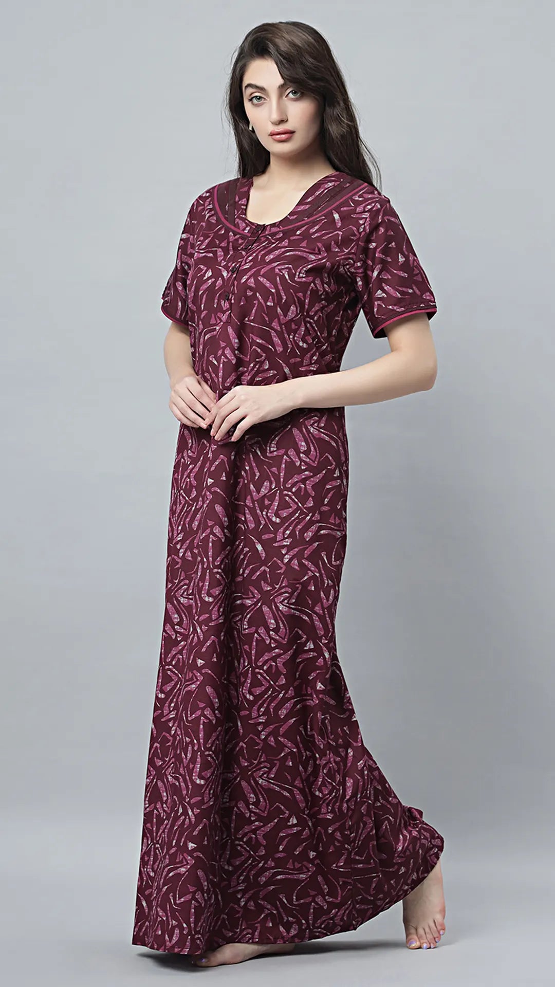 Sukanya Women's Black Cotton Blend Printed Nighty - Half Sleeves, Round Neck, Long