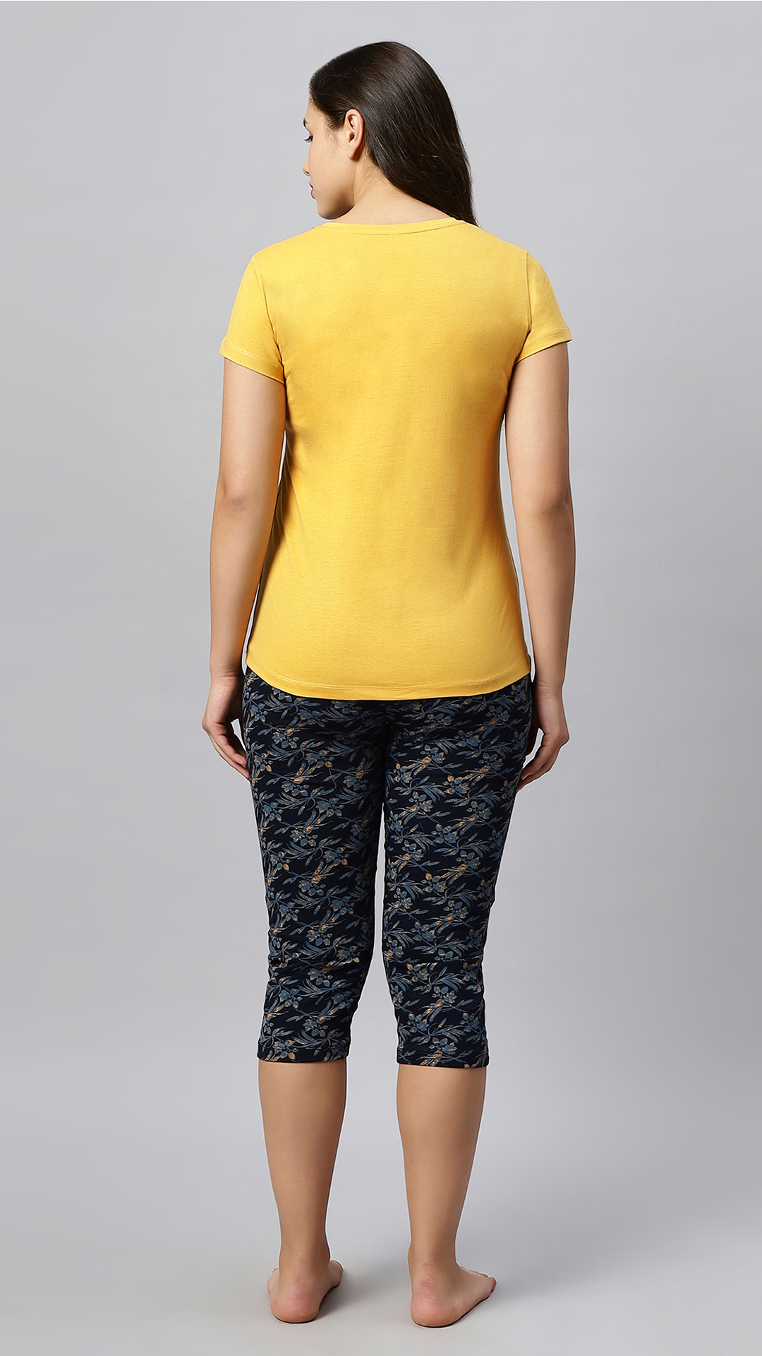 Sukanya Women's Printed Lounge Wear Top & Capri Set - Yellow, Regular Fit, Women's, Lounge Wear, Sinker Fabric, Printed Pattern, Half Sleeve, Round Neck