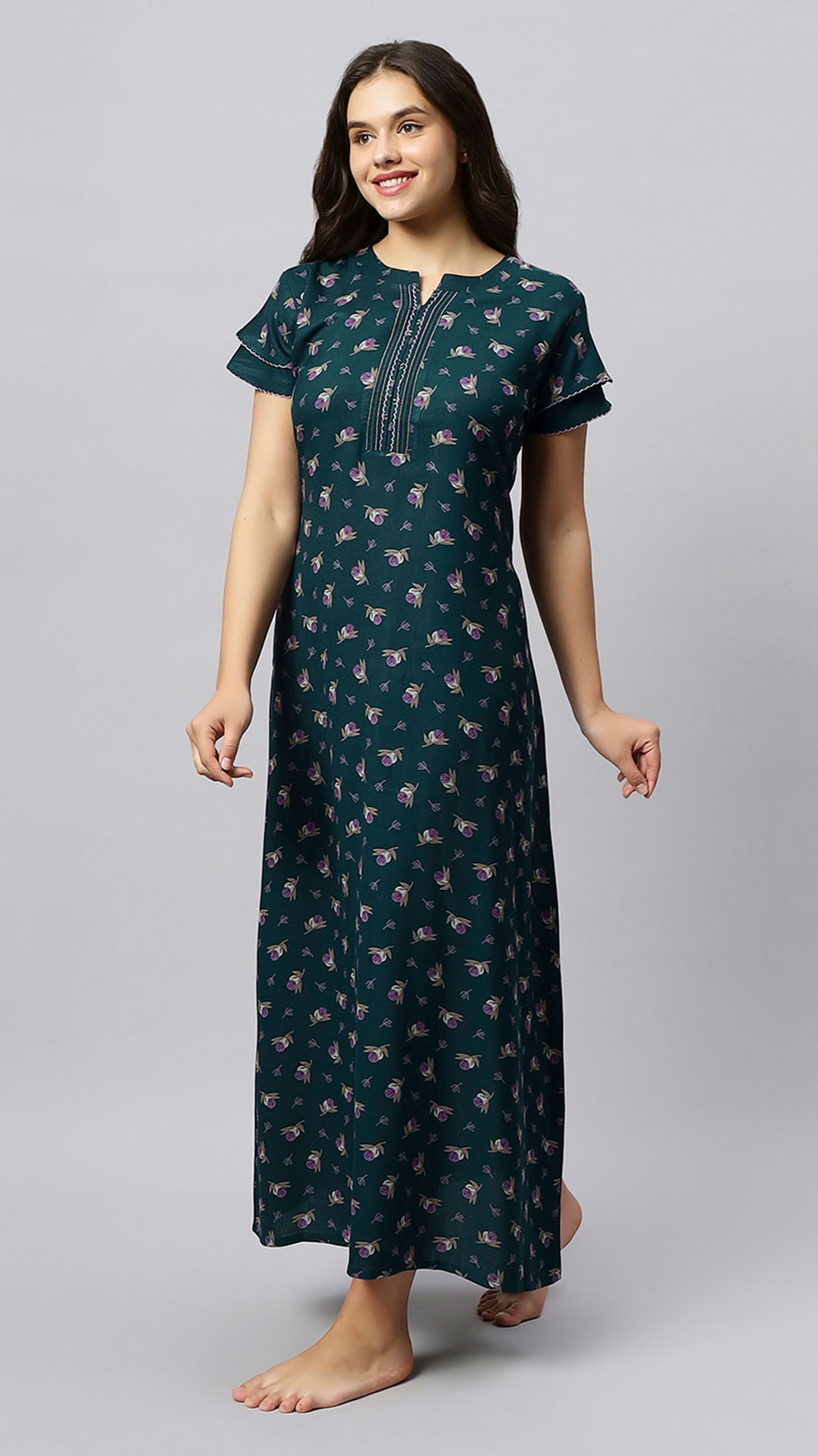 Sukanya Women's Floral Lounge Wear Gown - Regular Fit, Ideal for Women's, Lounge Wear,  Viscose Rayon, Floral, Half Sleeves, Round, Wine, Green & Mustard