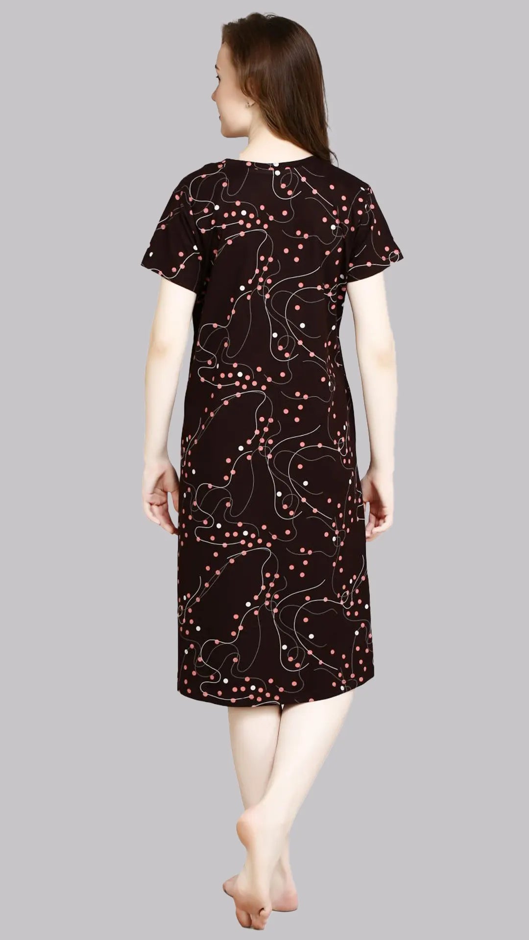Sukanya  Women's Printed Lounge Wear Gown - Coffee, Regular Fit, Ideal for Women's, Sinker Fabric, Half Sleeves, Round Neck
