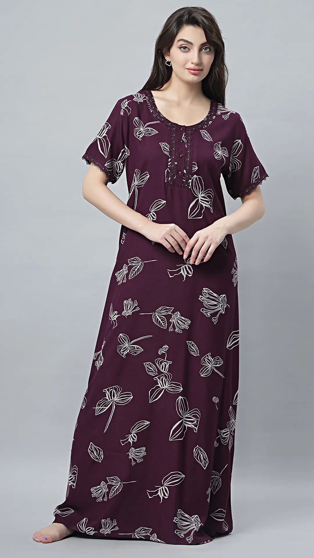 Sukanya Women's Black, Navy Blue & wine, Cotton Blend Printed Nighty - Half Sleeves, Round Neck, Long
