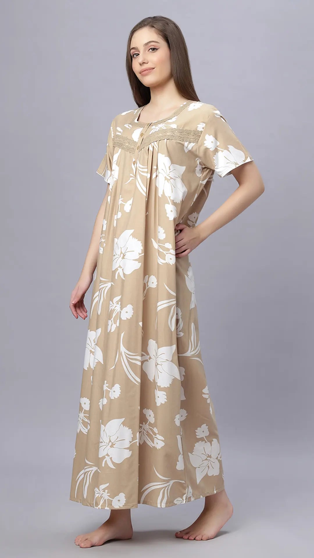 Sukanya Comfortable Women's Full Length Cotton Blend Half Sleeves Nighty, Khakhi, Green & Purple Soft and Elegant Print Sleepwear
